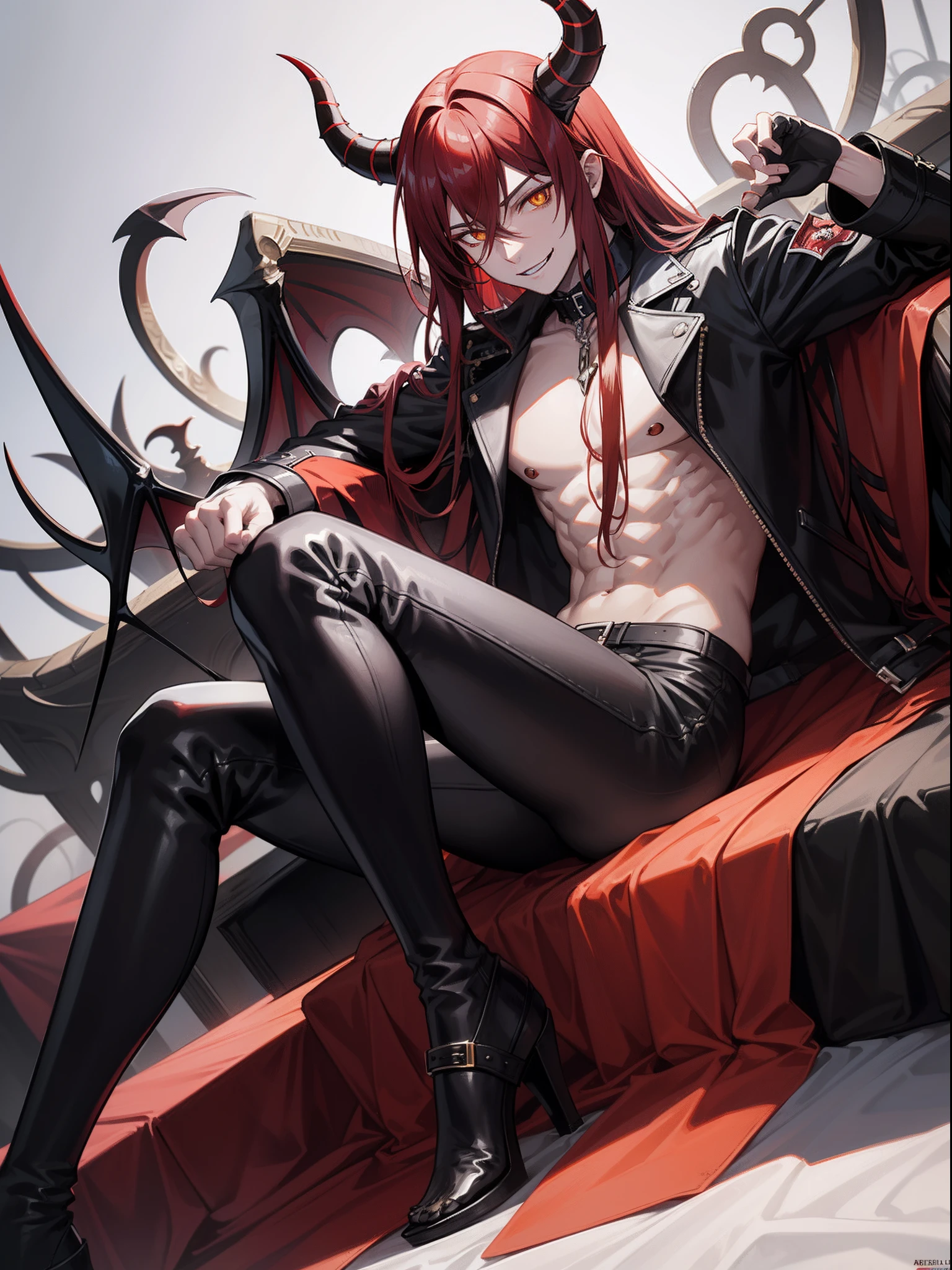 1Demon Man, black|red hair, Long hair, Horns, Yellow eyes, demon wings, Seduction Smile, They look like, topless male, muscular, leather belts, BDSM, leather pants