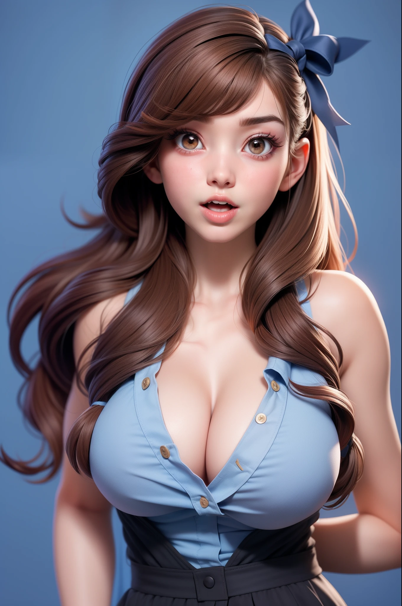 1girl,belle delphine, solo, hair, shirt, looking at viewer, blue background, brown hair, simple background, lips, open mouth, ribbon, hair ribbon, bangs, upper body, parted bangs, black ribbon, nose, gigantic breast, half naked