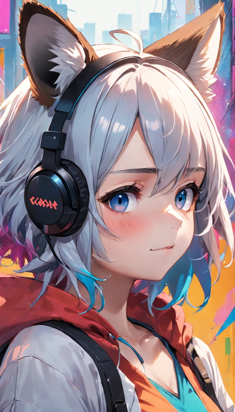 multicolored hair, gradient hair, kanzashi, behind-the-head headphones, closed eyes, tears, raccoon ears, raccoon ears, mouth hold, tearing up, Surrealism, high detail, Action painting, Verism, backlighting, stereogram, projected inset, close-up, cowboy shot, Sony FE, Sony FE GM, UHD, retina, super detail, high details, textured skin, 8k,Lazy look