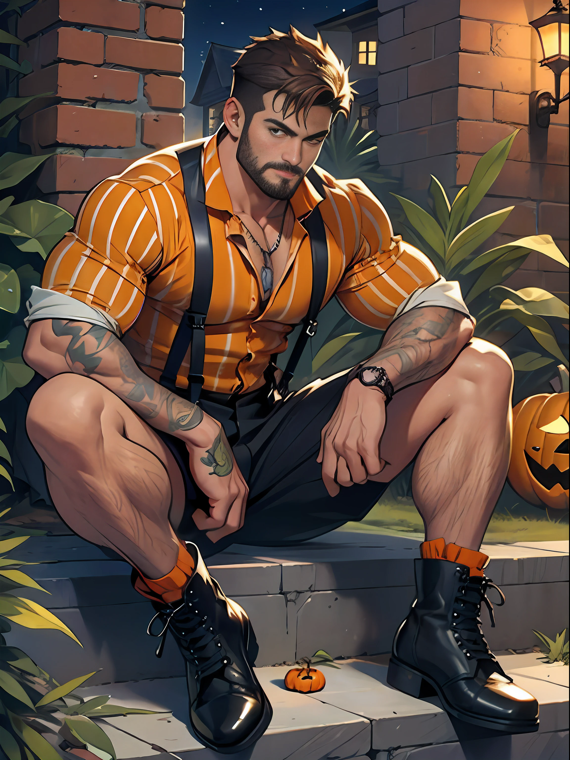 30 years old, big eyes, male, stubble, short hair, huge muscles, exaggerated muscles, mature man, muscle swelling, bodybuilding, pectoral muscles, abs, in the courtyard of European sculpture, jack-o'-lantern, orange striped shirt, open shirt, pumpkin badge, jack-o'-lantern necklace, orange black striped swim briefs, white long cotton socks, natural light, wet body, wheat-colored skin, 1man, tattoo on forearm, Halloween ornaments, night, sitting on a floral blanket with hearty festive food on the blanket, egg tarts, Picnic basket, chips, pizza, coke, legs stretched forward, crotch swollen bulge