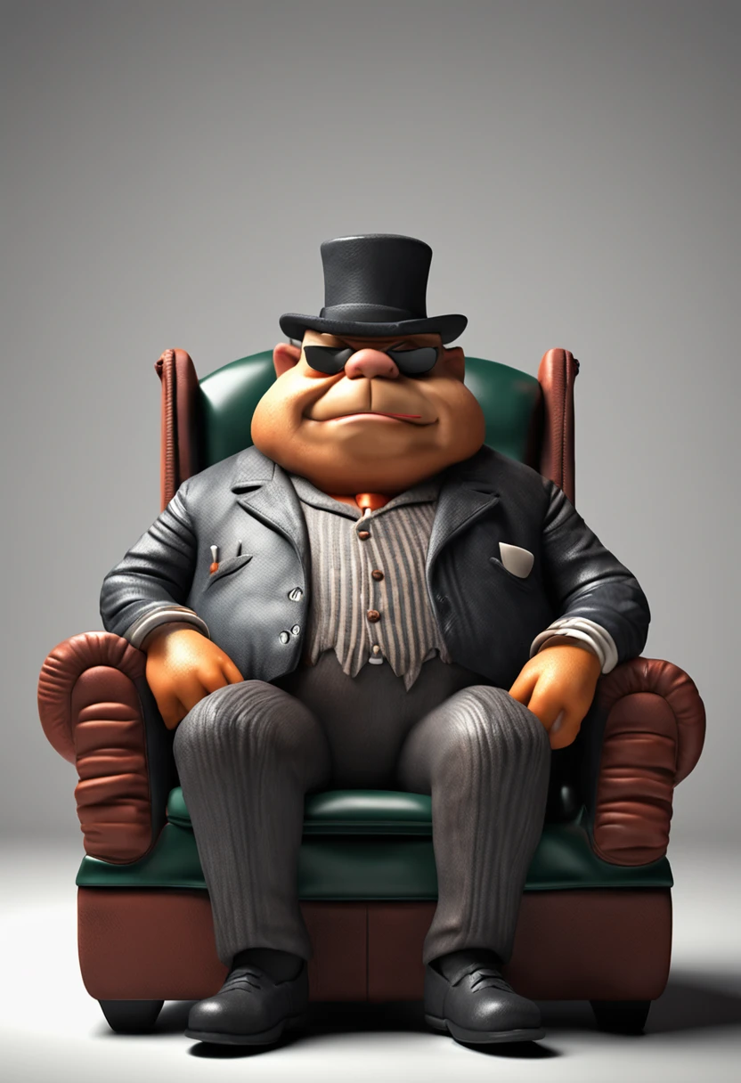 An old fat striped gangster, Tomcat sitting in a leather armchair, Mafia, criminal, 3D video rendering, pixar character