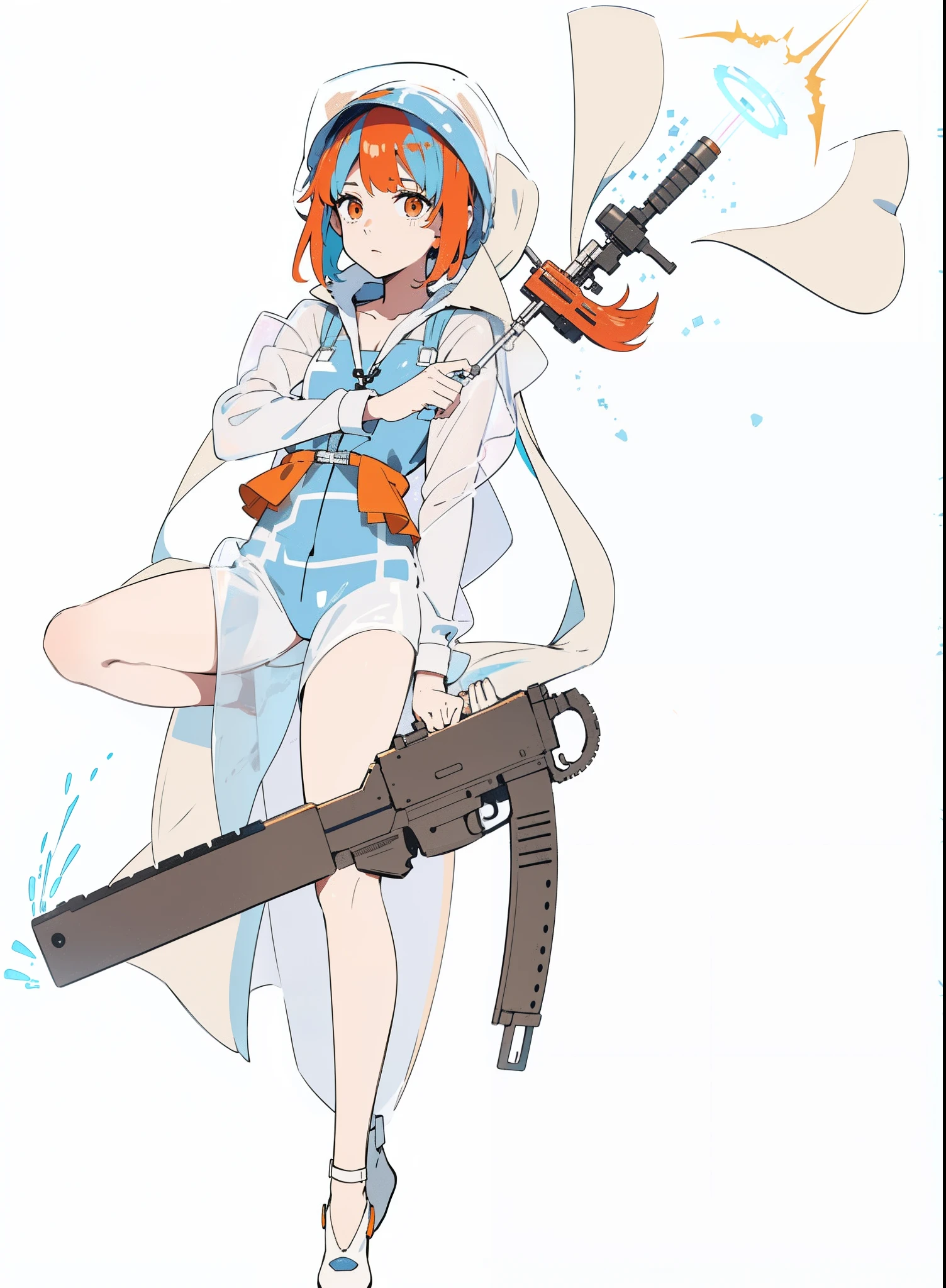 Orange blue hair white transparent raincoat angel with machine gun,Let go of God's punishment