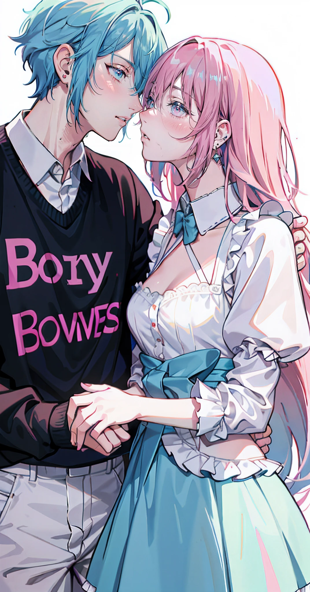 Male and female couples, Idol couple, Idol Photos, Magazine covers, Photos of actors, Professional Photos, Height difference, tall, Happiness, youthfulness, lovey-dovey, Deep kiss, Juice dripping from the mouth, extra detailed face, detailed punk hair, very detailed character, inspired by Sim Sa-jeong, single realistic face, Cai Xukun's, detailed realistic faces, highly detailed realistic face, high detailed face anime, realistic detailed face, Accurate detailed face, attractive androgynous humanoid, Black Casual Idol Costume, ((Man with light blue hair)), ((Woman with pink hair)), ((Woman with long hair below waist)), ((Man with short hair over ears)), ((Pink hair woman with gentle expression)), ((Man with light blue hair with wild expression)), high-level image quality, masterpiece, Photographed so that the whole body can be seen, Photographed to make clothes look beautiful, Take your eyes off, ((two individuals))
