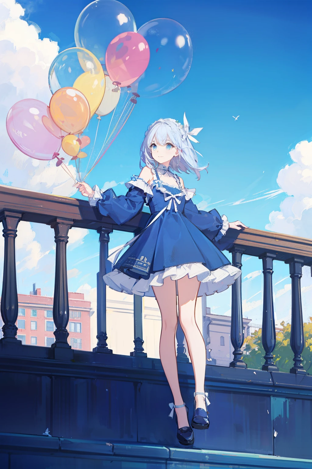 masterpiece, best quality, 1girl, solo, blond hair, medium hair, shoulder-length hair, straight hair, blue eyes, round eyes,, (((blue apron dress))), ((long sleeves)), knee-length dress, frills, (((white ribbon hair band))), On the roof of a building, leaning against the fence on the roof, (with one's arms resting on the railing), overlooking the road, as close as it might fall in the noon, blue sky, clear sky, ((full of balloons in the air)), laughing, seeing a viewer, ((detail face))