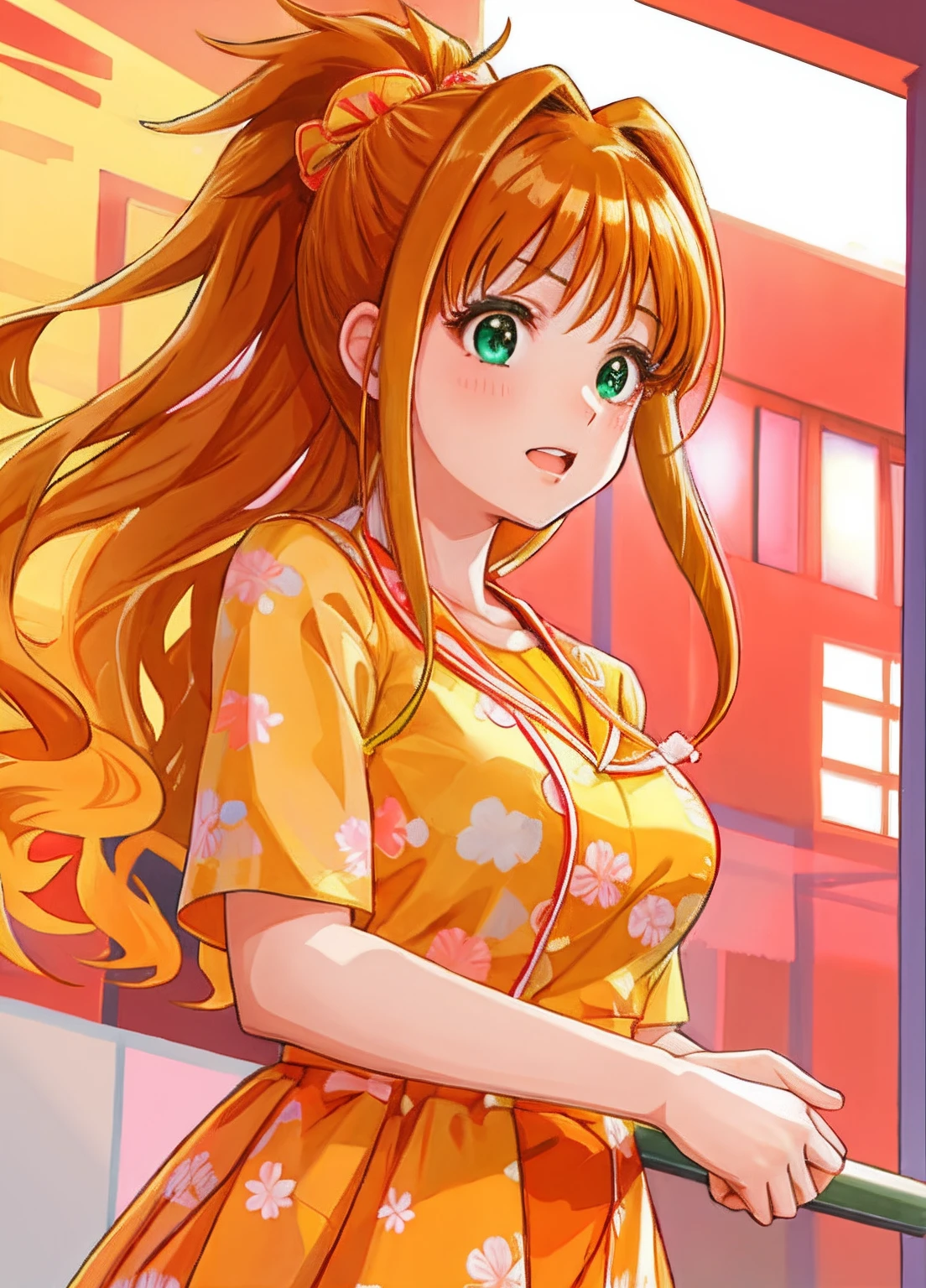 beautiful lighting, hino_akane_\(idolmaster\), 1girl, long hair, high ponytail, orange hair, green eyes, upper body, , fire