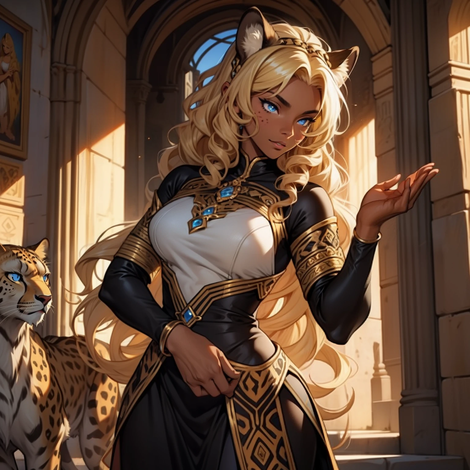Dark Skin Woman. Cheetah Woman. Blue eyes. Blond hair. Dark skin Woman. Medieval art. Curly Hair. Curly Blond Hair. Alone. DARK SKIN. Cheetah Ears