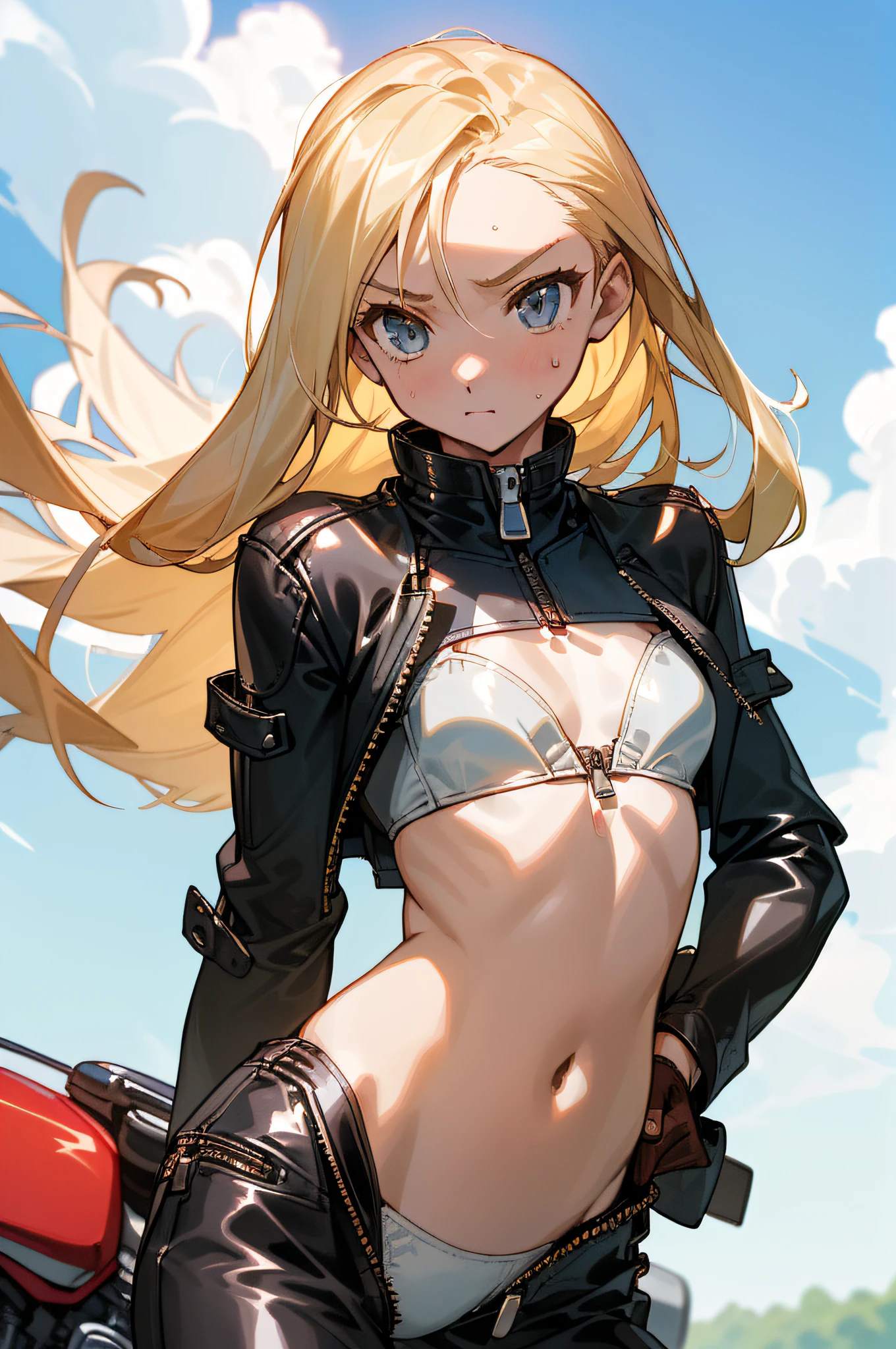 (((( girl in a leather-bound rider suit))))), ((((Suit chest wide open)))), (Small breasts that began to swell)), (((White bra)), Blonde Russian, Long hair, sweat on the chest, soaked, very embarrassed, 18 years old, beautiful and cute, (straddling a motorcycle))), ((( Lower the zipper of the suit until you can see the panties))))), ((((Lower the zipper until you see the navel))))), white bra, I'll show you an embarrassing  only for you,