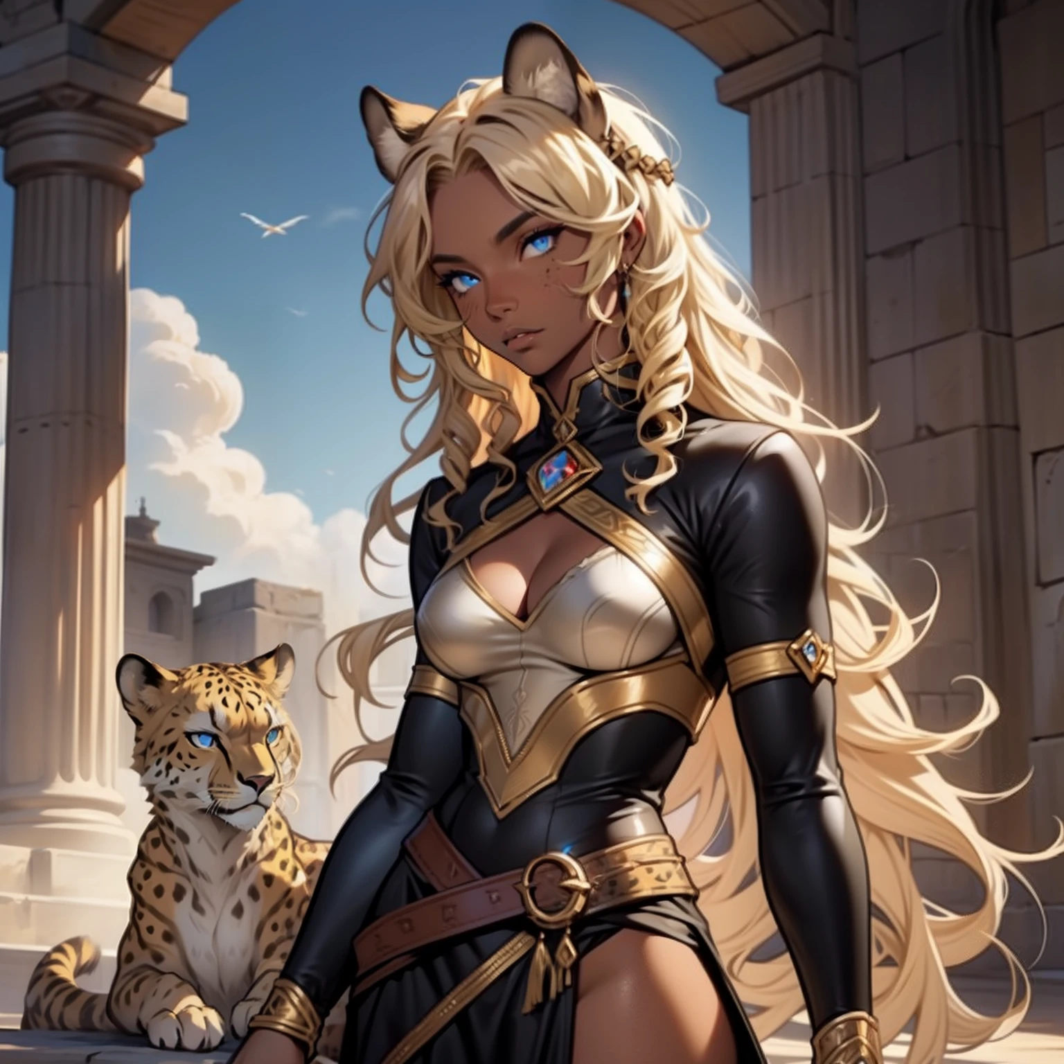 Dark Skin Woman. Leopard Woman. Blue eyes. Blond hair. Dark skin Woman. Medieval art. Curly Hair. Curly Blond Hair. Alone. DARK SKIN. Leopard Ears