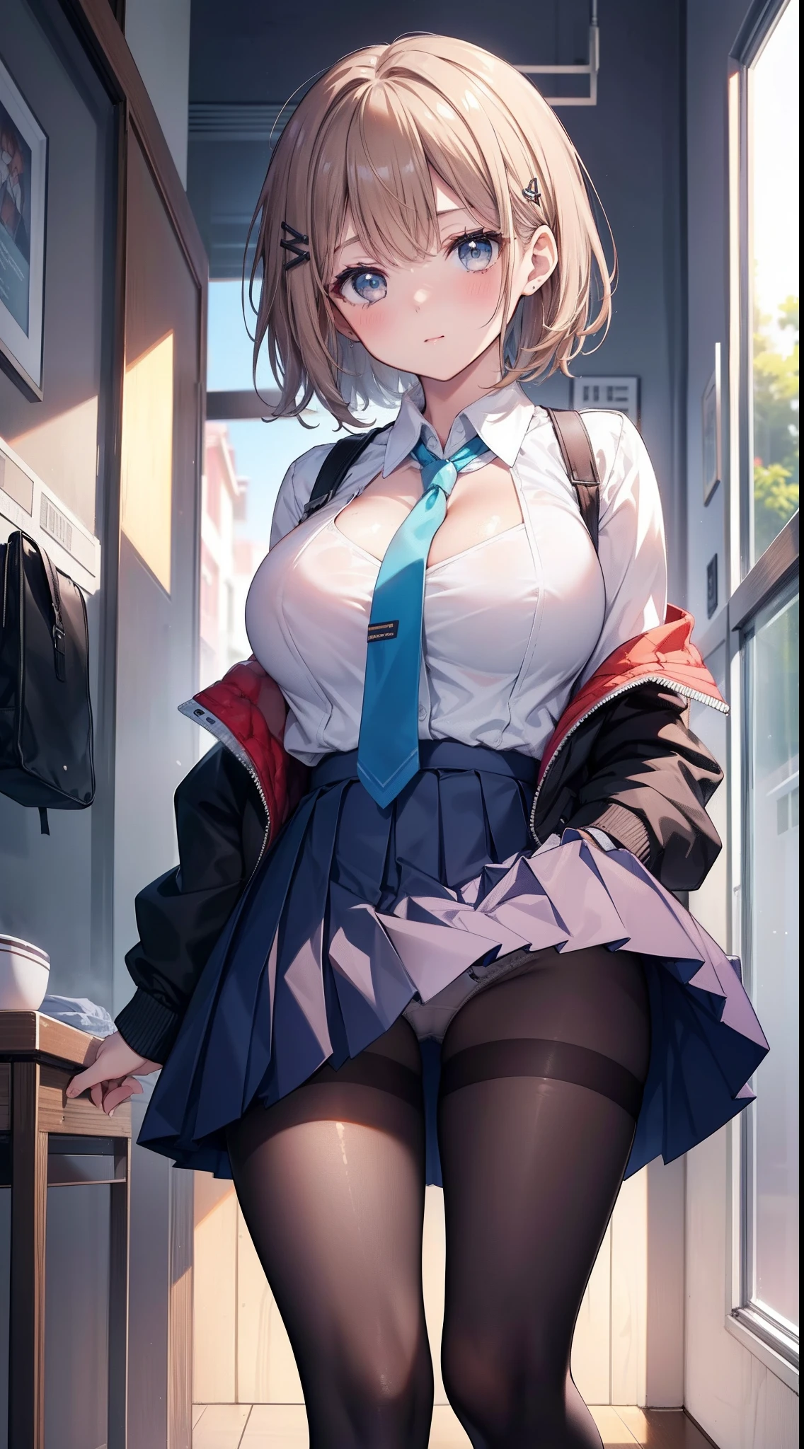 8K, top-quality, real image, intricate detailes, The ultra-detailliert, 超A high resolution, Depth Field,(Photorealsitic,realisitic:1.2),masterpiece, 0.25 :: a closeup , straight-on shot , from miiddle , 1girl, ai_chan, an extremely beautiful -yeld gi Innocent big eyes, (Brown_SHORT_hair), (GREEN_eyes:1.0),(bangss),dishevled hair,(hair clips), perfect glossy skin, flawless skin, fair white skin, huge-breasted, cleavage of the breast, narrow waists, thin blush, 独奏, looking at the viewers, Light smile, The Perfect Five Fingers, chubby under the clothes、perspiring、 wear((school_uniform)、(white_skirt)、(BLUE_Long_Tie)、(BLUE_pleated_skirt)、(Black_pantyhose):1.2)、 (Gravure Pose:1.1)、 Sunset High School in Japan ,Flipping up the skirt with your hands、Show white panties、Pull up your skirt and show your panties、huge tit、Functional、Show white panties、Flip the skirt、Skirt flipping、Roll up the scar by hand、Show underwear、Show off your pants with your own hands、Panchira、bare-legged、opening legs、Open legs、bare-legged、Large open legs、Panties digging into the crotch、
