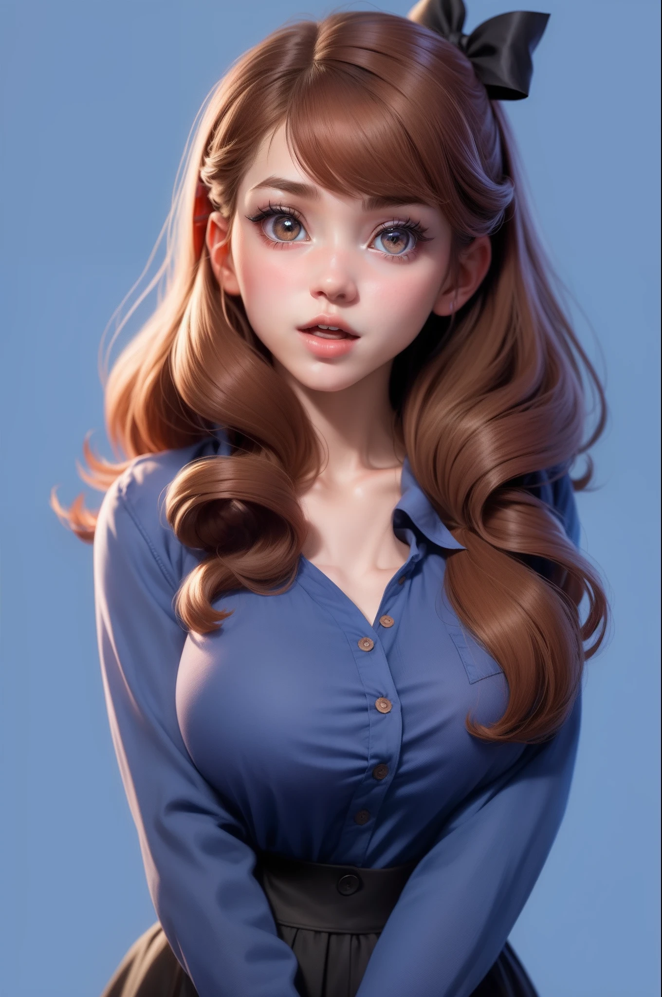 1girl,belle delphine, solo, hair, shirt, looking at viewer, blue background, brown hair, simple background, lips, open mouth, ribbon, hair ribbon, bangs, upper body, parted bangs, black ribbon, nose, gigantic breast, half naked