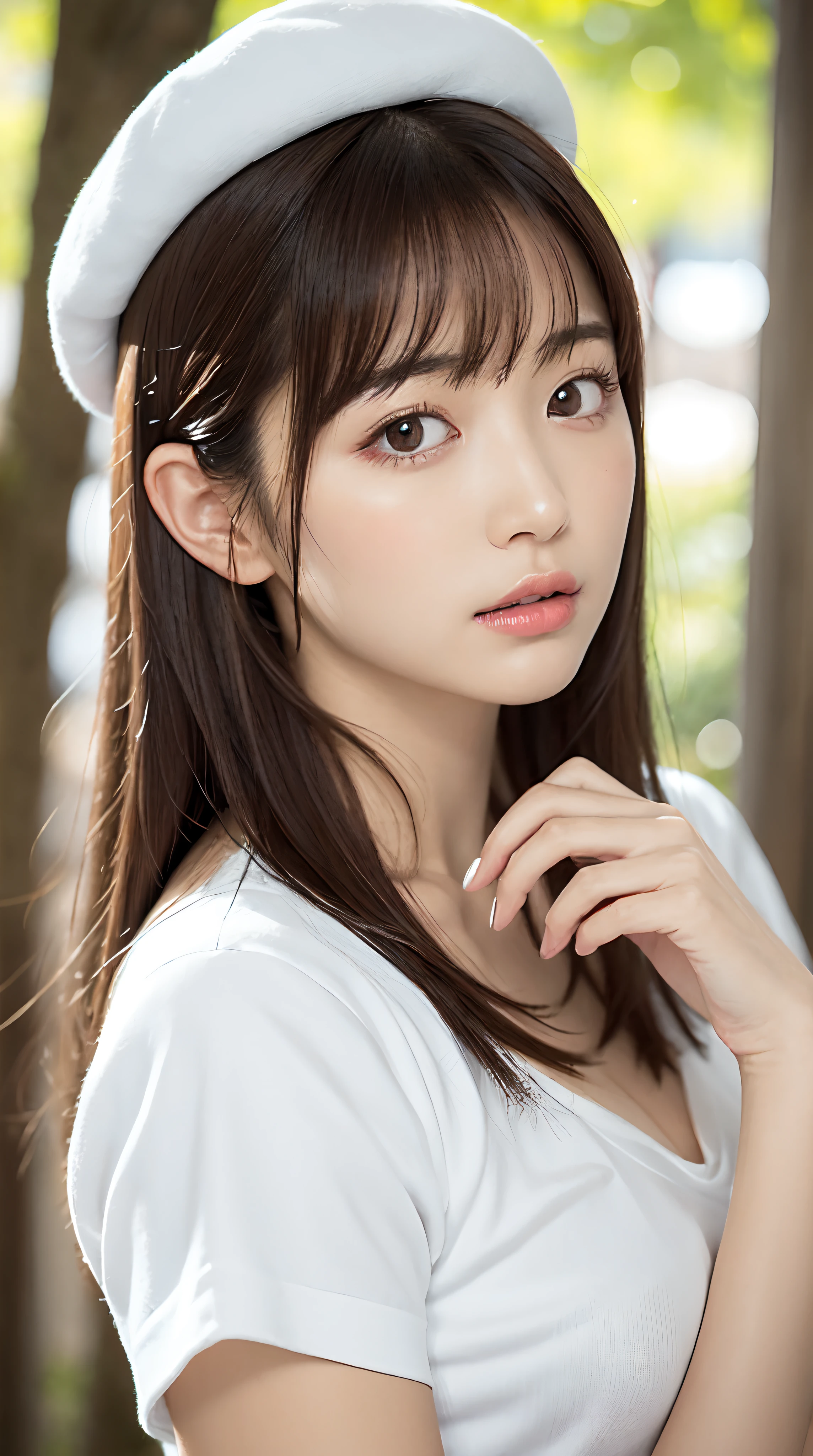 1womanl, up of face, mideum breasts, light brown hair, Blunt bangs, hair behind ear, hair over shoulder, Long hair, slender body shape, Ultra Fine Face, Thin face, Delicate lips, Beautiful eyes, thin blush, eyes are light brown, perfect glossy skin, flawless skin, Glistening sweat,View here, Ultra-thin hands, Ultra-fine fingers, best ratio four finger and one thumb, (realisitic:1.3), Finger Extensions, See-through white blouse. White beret,, Broad-leaved forest, One-person viewpoint, Fuji Film, F/1.2, 8K, masutepiece, nffsw, Super Detail, High quality, Best Quality, hight resolution,