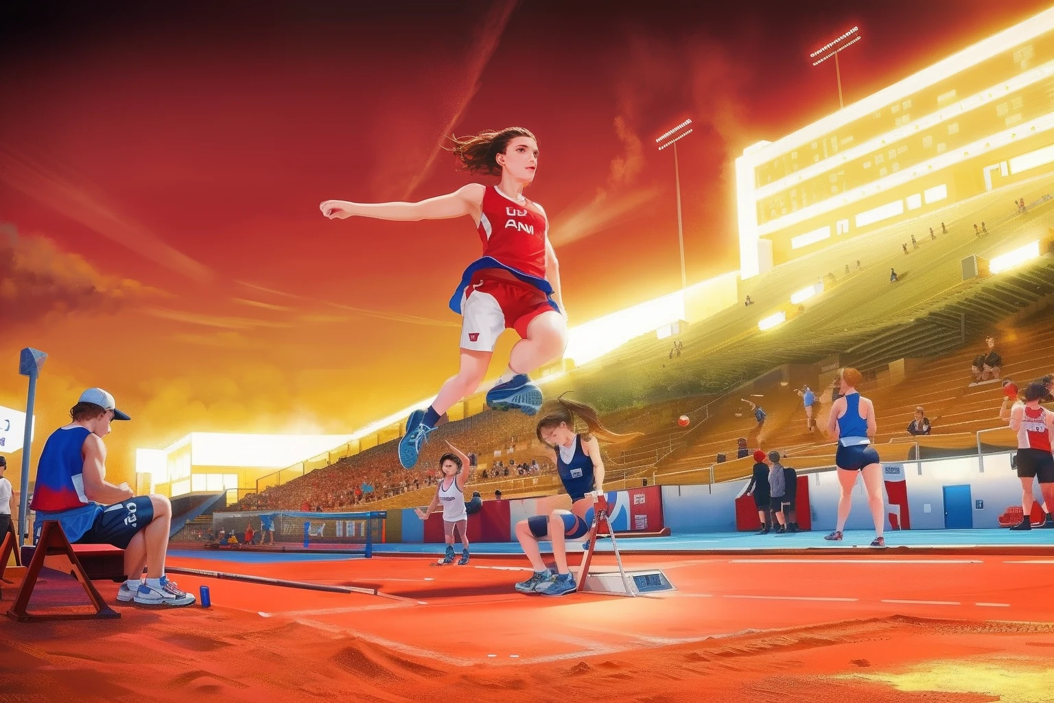 There is a girl in the long jump in the air, wearing red tank top,athlete photography, 2 0 2 2 photo, sport photography, cover shot, Leaping, photo from a spectator, sport photography,