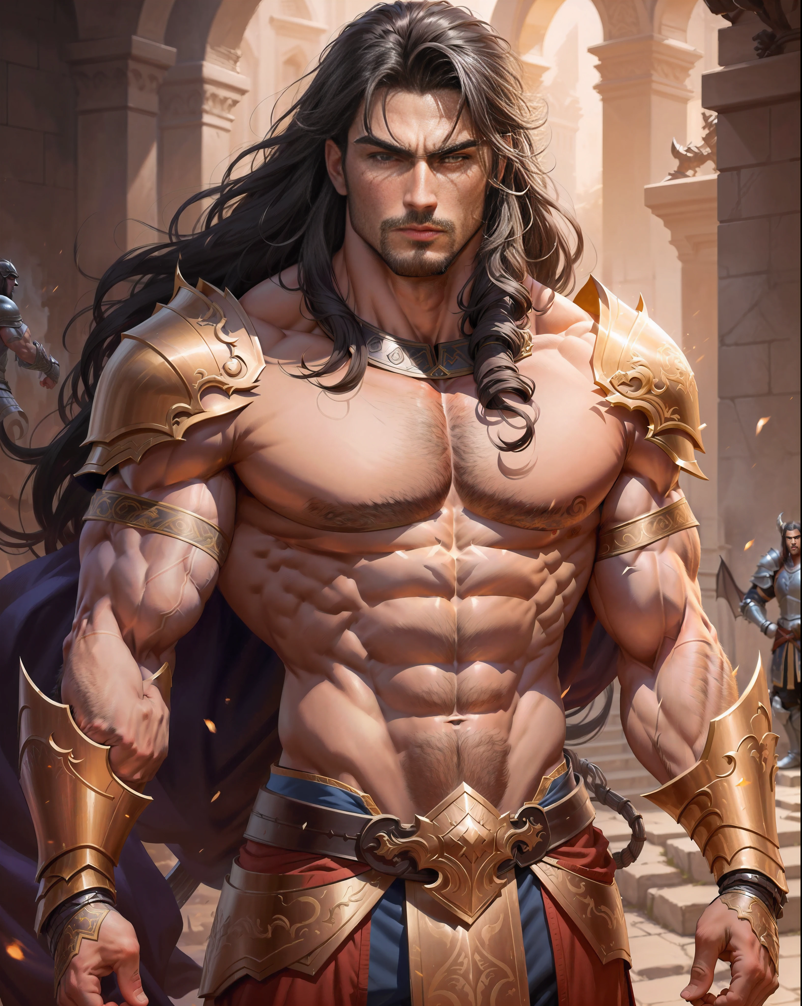 Ripped hero, shirtless upper body, legs revealed from thighs to feet, cascading long curls, intricate muscular details, photorealistic artwork, 4K resolution. Background: Mystic ancient ruins with glowing symbols,32k uhd, best quality, masterpiece, super detail, high details