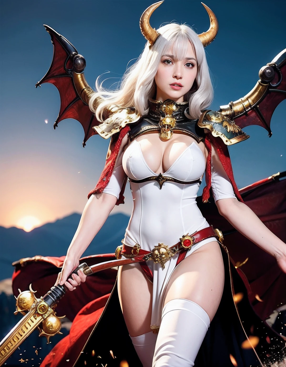 Professional , masterpiece、top-quality、photos realistic , depth of fields 、Idle Smile、(White Gemstone Body:1.2),(Matte white with gold pattern、(cleavage of the breast)、Jewel Gold Weapon、Particles of light),Gorgeous gold weapons ,(( Dragon dense and gorgeous dragon sword)) , (demonic wings) ,warhammer 40k 、((White hair))、(Castle background)、(demonic wings)、((Gangle's forest background))、Beautiful Caucasian beauty、1a person、dynamic ungle,(((Two devil's horns on the head)))、Smaller head、Idle Smile、Thin and beautiful female hands、cleavage of the breast、Mystical expression、Light Effects、intense fighting、Wind-effect、magic circles、With the legendary magic wand、Dragon's tail、