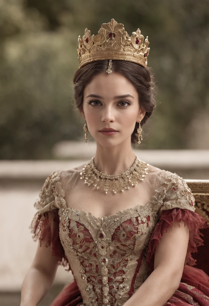 Create the image of a Spanish queen sitting on her throne on a raised platform.
