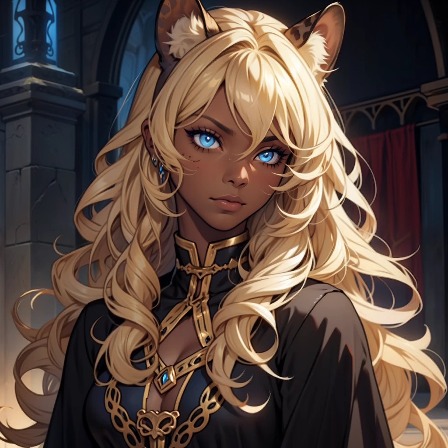 Dark Skin Woman. Leopard Woman. Blue eyes. Blond hair. Dark skin Woman. Medieval art. Curly Hair. Curly Blond Hair. Alone. DARK SKIN. Leopard Ears