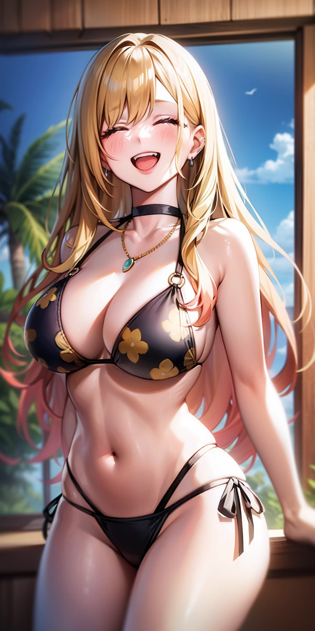 (((masterpiece))), MarinKitagawa, 1girl, solo, long hair, smile, open mouth, blonde hair, navel, cleavage, jewelry, medium breasts, swimsuit, closed eyes, bikini, cowboy shot, earrings, choker, indoors, necklace, v, black bikini, side-tie bikini bottom, black choker, piercing, floral print, ear piercing, string bikini, facing viewer, print bikini,