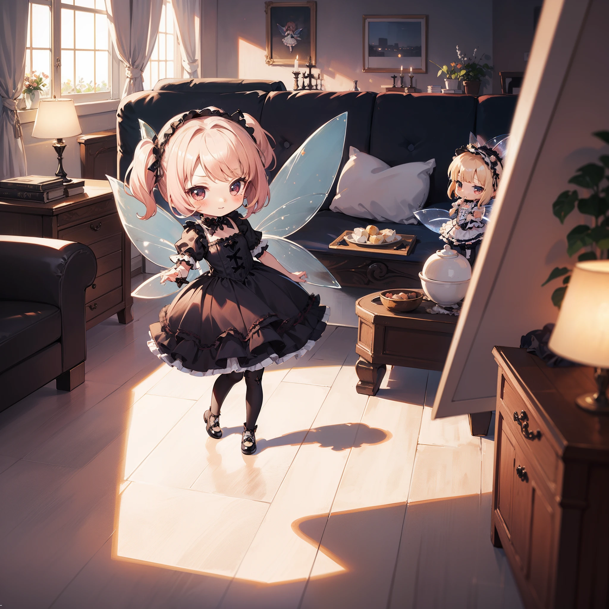 (Chibi:1.8),(very cute female child:1.6),(10 yo),action:1.6,barefoot,long hair,flat chest,wind,drooping sweat:1.5,BREAK (Gothic Lolita cloth:1.8),(Transparent fairy wings:1.6),BREAK dutch angle shot,dynamic angle:1.6,ground-level shot,low angle,full body shot,medium shot,BREAK (livingroom:1.5),Summer,day,BREAK (4K), (Raw photo: 1.2), (Realism: 1.4), (masutepiece: 1.3), (exquisite detailing: 1.2), Delicate and beautiful details, (Eye Detail), (Facial Detailed), (Highest Quality) :1.4), (Hyper-Resolution: 1.2),(very detailed illustration), Best Quality,depth of fields, Wide light, natural shadows