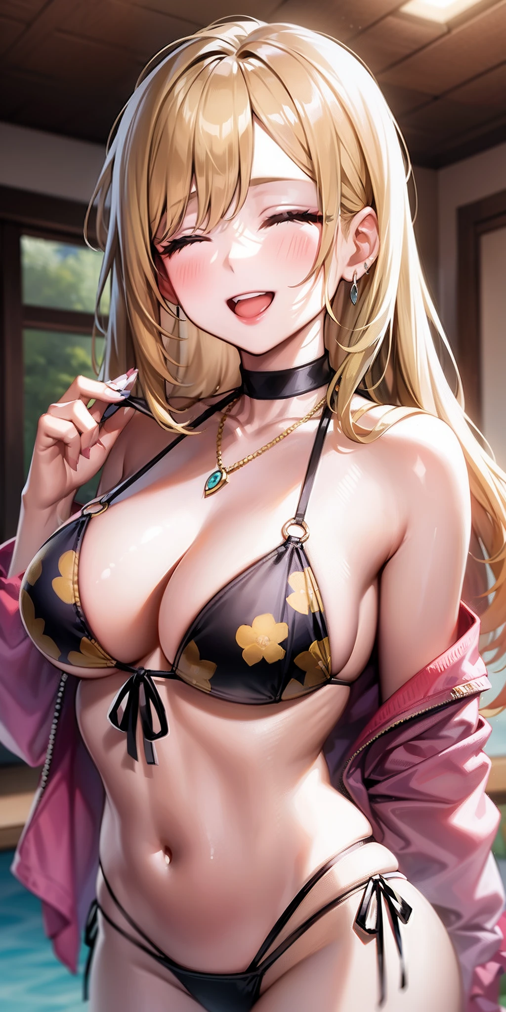 (((masterpiece))), MarinKitagawa, 1girl, solo, long hair, smile, open mouth, blonde hair, navel, cleavage, jewelry, medium breasts, swimsuit, closed eyes, bikini, cowboy shot, earrings, choker, indoors, necklace, v, black bikini, side-tie bikini bottom, black choker, piercing, floral print, ear piercing, string bikini, facing viewer, print bikini,
