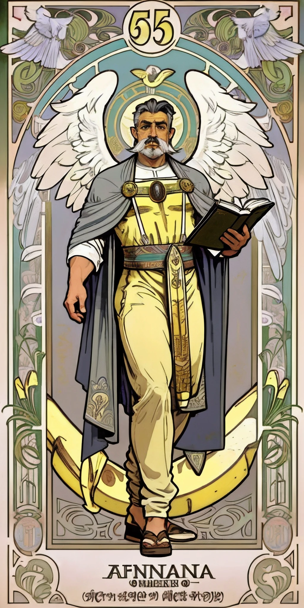 (1 Male angel holding a thick book in left hand), ((large wings)), 55 years old, Gray mustache, tying long gray hair back, (The Art of Alphonse Mucha), 
(((Banana motif on background))), ((Best Quality, tmasterpiece)), Extreme detailing, 8K