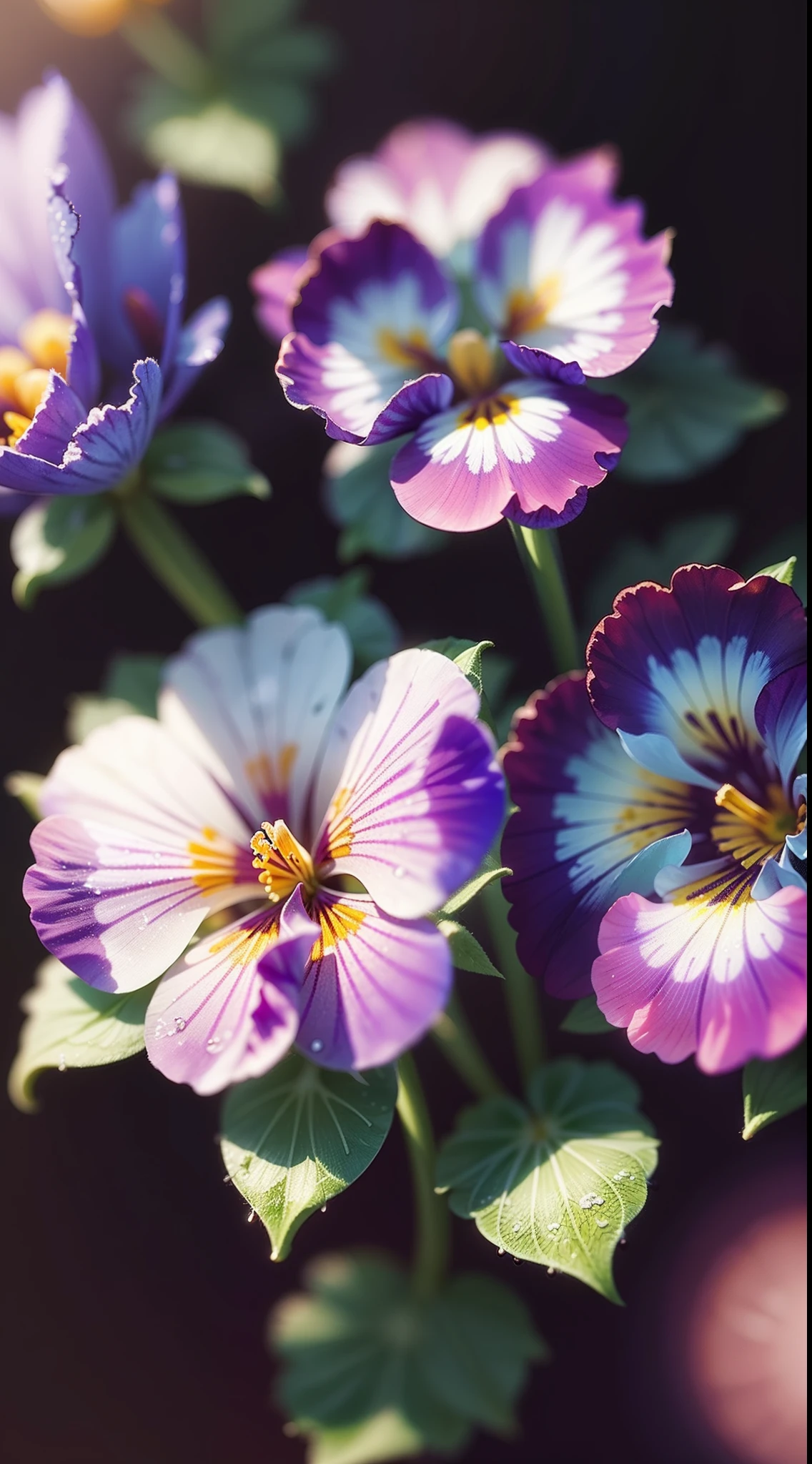 Divinely beautiful microscopic world , Masterpiece , Macro photography , cobweb, close up, film grain, chromatic aberration, neon bokeh , smoke , highly detailed, Bright sunny weather, microflowers, drops, blur, pansy, viola