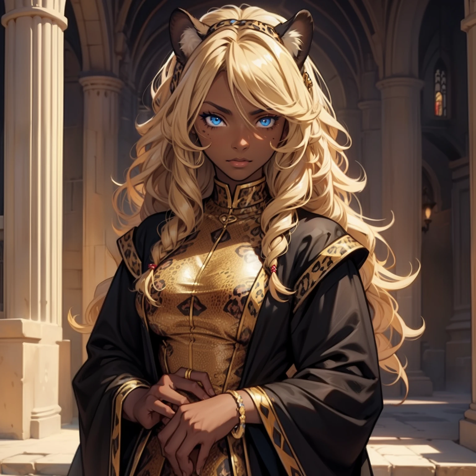 Dark Skin Woman. Leopard Woman. Blue eyes. Blond hair. Dark skin Woman. Medieval art. Curly Hair. Curly Blond Hair. Alone. DARK SKIN. Leopard Ears