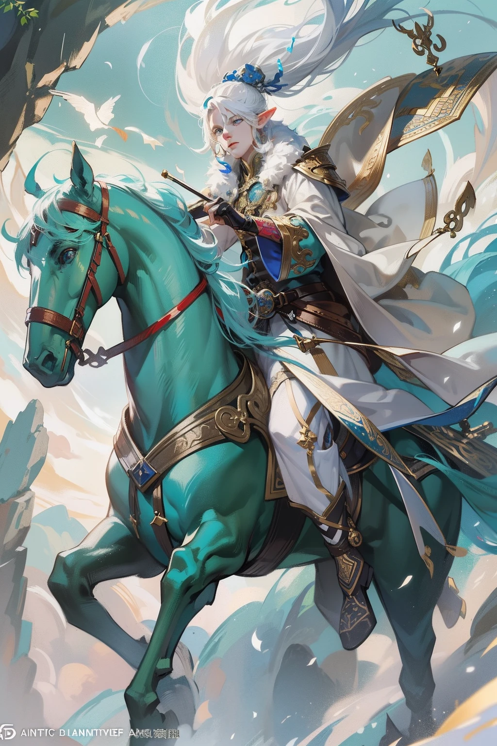 Anime - Handsome male elf riding on horse style image, a character portrait by Yang J, Artstation contest winner, Fantasy art, chengwei pan on artstation, Epic fantasy digital art style, G Liulian art style, fantasy male portrait, 2. 5 D CGI anime fantasy artwork, Guviz-style artwork，Exquisite and perfect facial features，美丽细致的眼睛，long eyelasher，Delicate eyeliner，Blue eyes，Dark pupils，There are highlights in the eyes，Beautiful lip details，8K high-definition，anatomy correct，Oil painting thick painting style，Long messy white hair