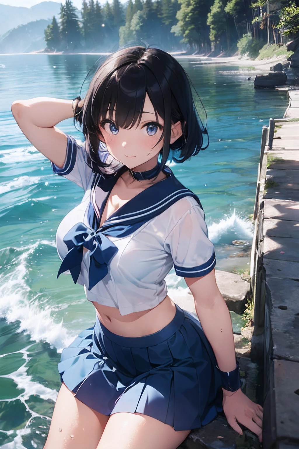 (masterpiece), (best quality), 8k resolution, 1girl, beautiful girl, stunning beauty, mature female, 30yo, sexy, sailor mercury, Ami Mizuno, blue hair, blue skirt, blue collar, sailor mercury costume, cool pose, yushui, water, wave, using dark majic, water balls, water majic
