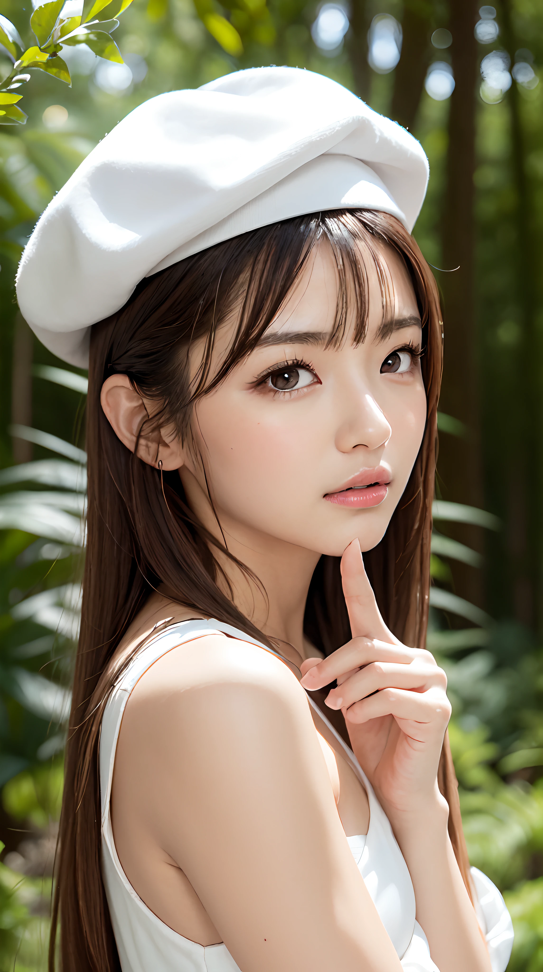 1womanl, up of face, mideum breasts, light brown hair, Blunt bangs, hair behind ear, hair over shoulder, Long hair, slender body shape, Ultra Fine Face, Thin face, Delicate lips, Beautiful eyes, thin blush, eyes are light brown, perfect glossy skin, flawless skin, Glistening sweat,View here, Ultra-thin hands, Ultra-fine fingers, best ratio four finger and one thumb, (realisitic:1.3), Finger Extensions, See-through white blouse. White beret,, Broad-leaved forest, One-person viewpoint, Fuji Film, F/1.2, 8K, masutepiece, nffsw, Super Detail, High quality, Best Quality, hight resolution,