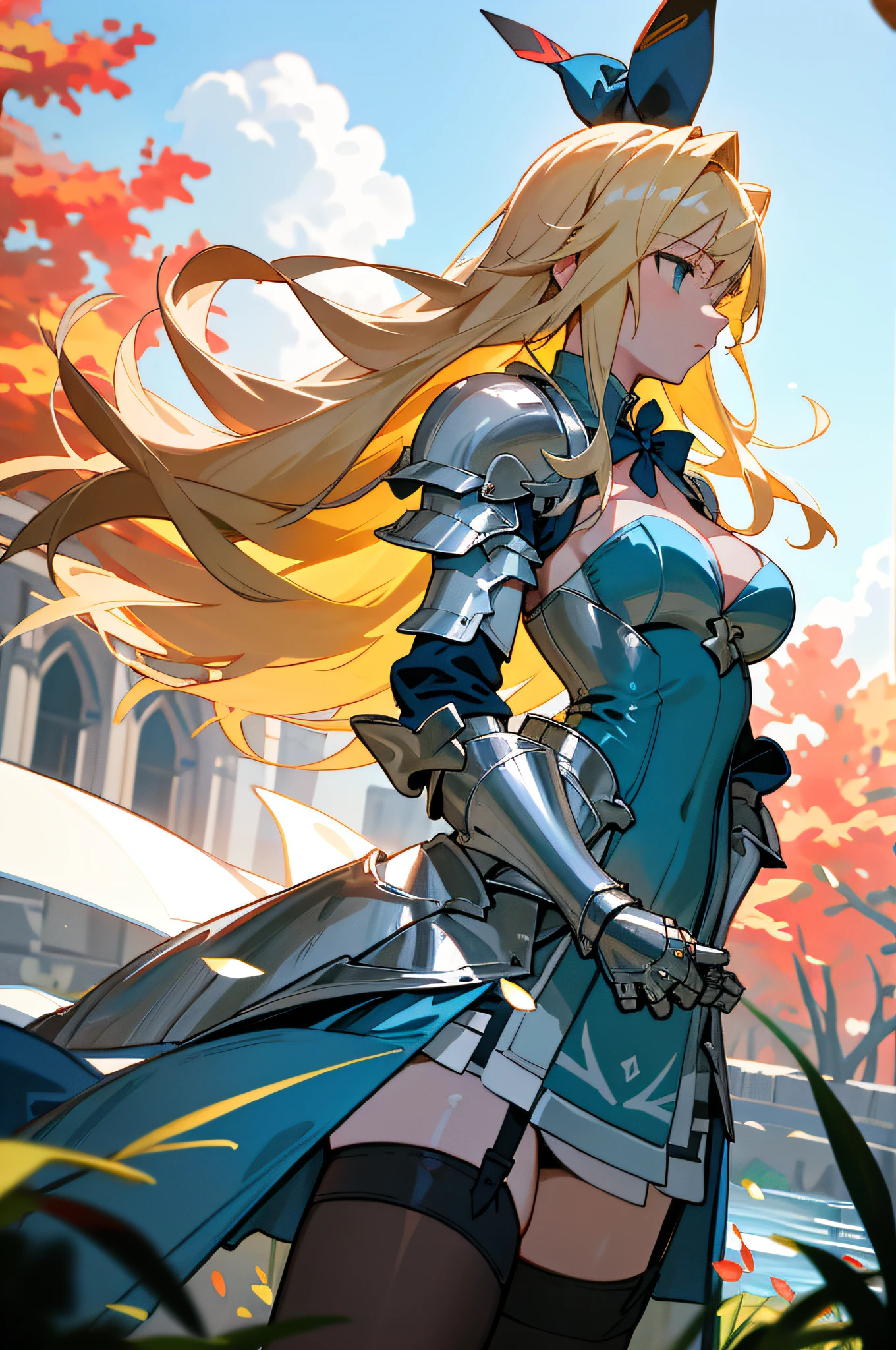 Masterpiece, Best Quality, ((Black Garter Belt)), Blue Bow, ((Blue Dress)), ((cleavage)))), (( Big Beautiful Breasts)), ( Armoured Dress), Shoulder Armor, Gauntlets, Armor Legwear, Fighting Posture, Swamp, Darkness, Blonde Long Hair, Blue Sky, White Clouds, Dusk Near, Stereoscopic Lighting, Photorealistic, Daytime, Autumn, Sunny Weather, Sharp Focus, Ultra High Definition, 4 0 0 0k, settlements in temperate Europe,