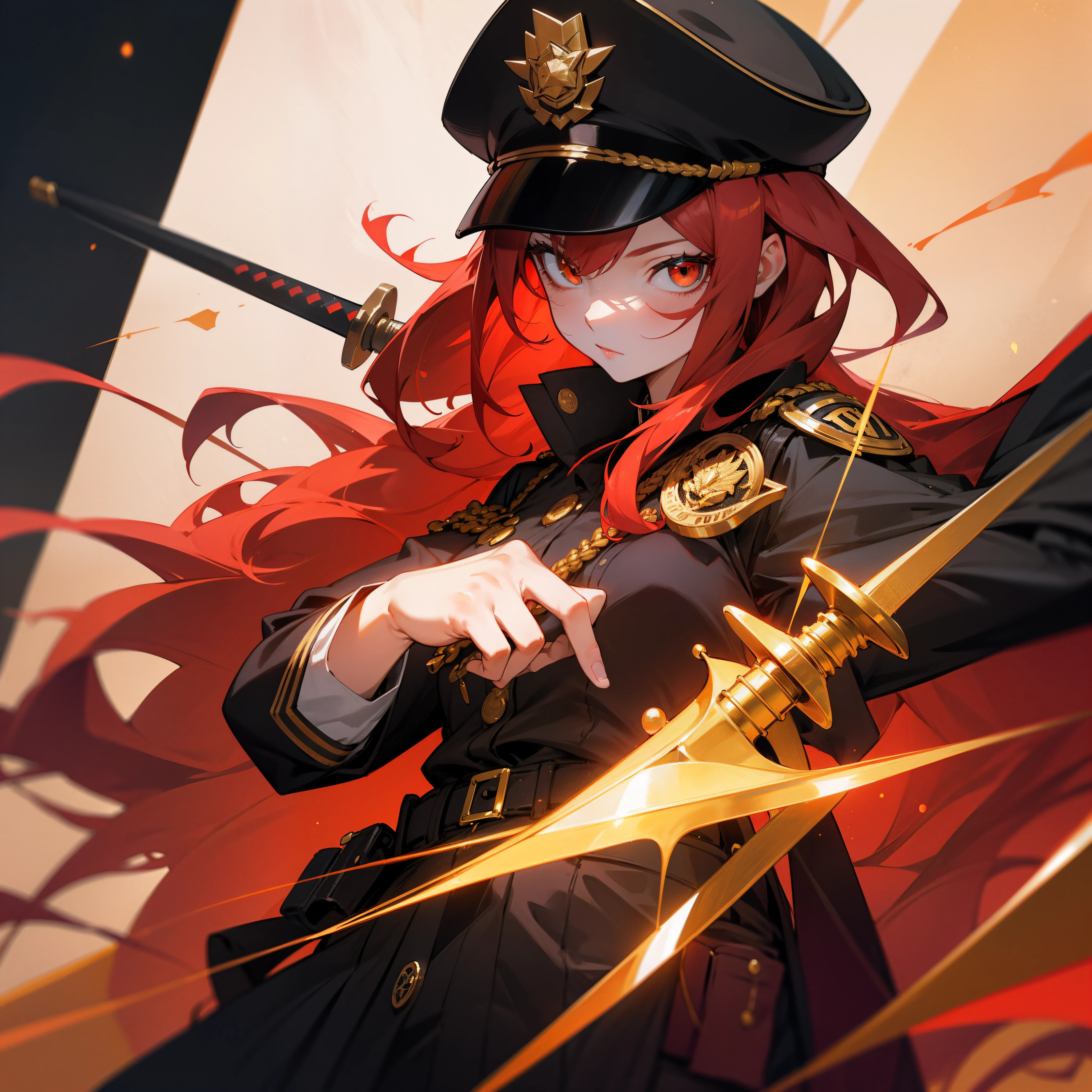 Red color hair,police hat,Golden pupils,With horns,With a sword,The background is the universe,teens girl,The captain's clothes,She wears a police badge,4K,Dingdall effect