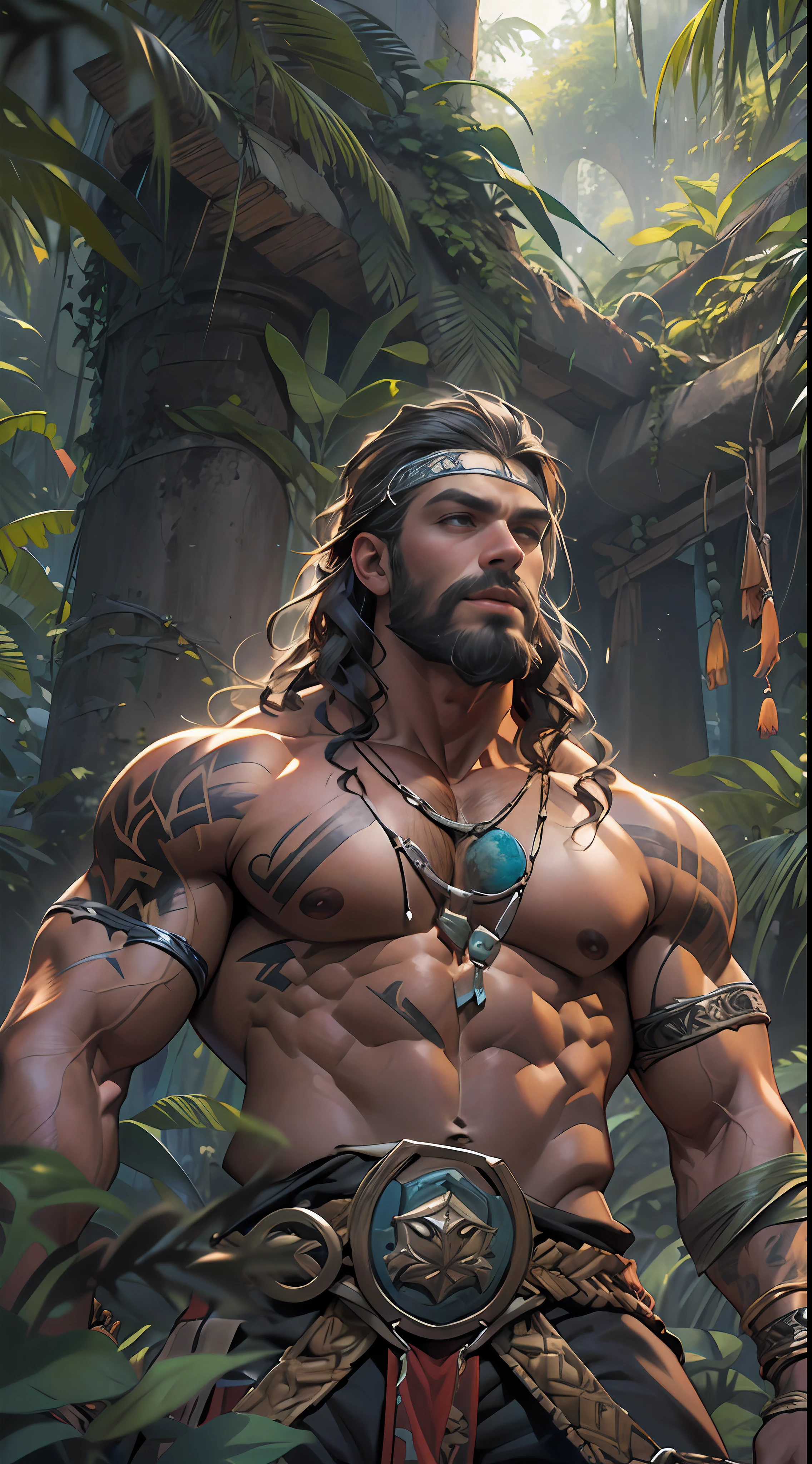 Muscular barbarian, partially upper body, lower body uncovered from thighs to feet, bearded with beads, long flowing curls, intricate muscular details, photorealistic artwork, 4K quality. Background: Dense jungle with ancient ruins,32k uhd, best quality, masterpiece, super detail, high details