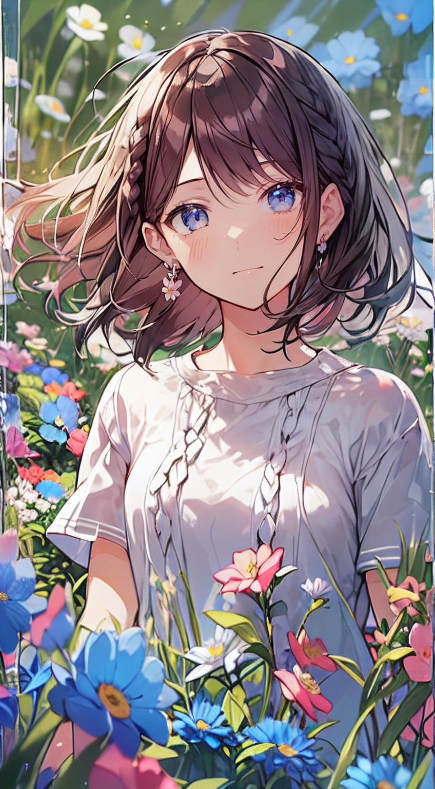 masutepiece, Best Quality,Illustration, Wallpaper, Ultra Detail, Absurd beauty、1 beautiful girl、 (Medium Short-Cut Hair、short braided hair), Beautiful ultra-detailed eyes , Hair fluttering in the wind、Keep your head small、flower  field、great outdoors、Landscape of the flower garden