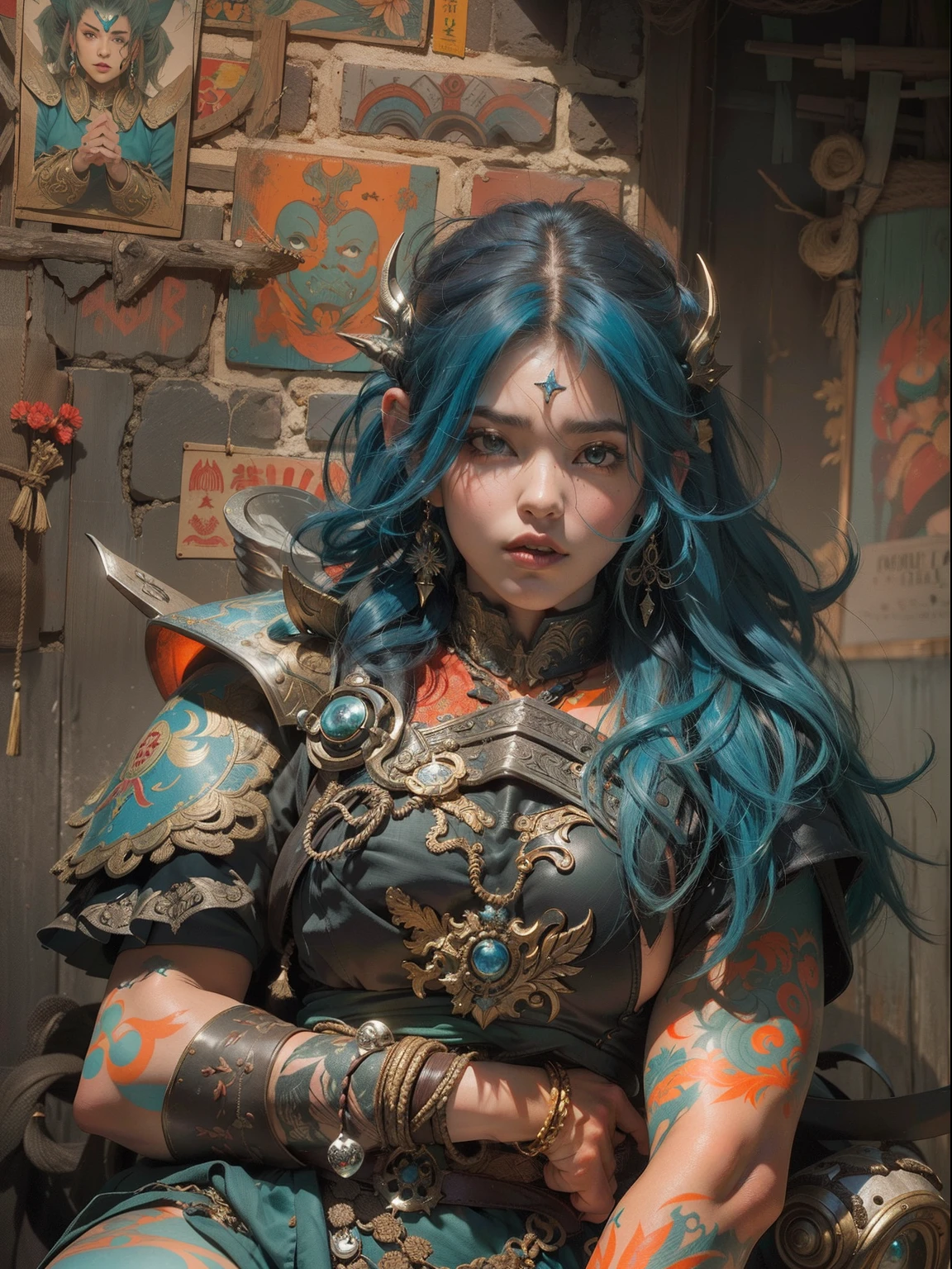 (((mujer))), (((mejor calidad))), (((obra maestra))), , A strong 35-year-old dwarf warrior, Gladiadores de Tokio, (( debajo de los senos )), casi desnudo en el estilo salvaje urbano de Simon Bisley para la portada de la revista Heavy Metal, cabello rubio, Ropa verde, armadura de cuero, lleno de puntas y remaches, tatuaje tribal, (((desde la rodilla hacia arriba))), cabello desalineado, ojos azules