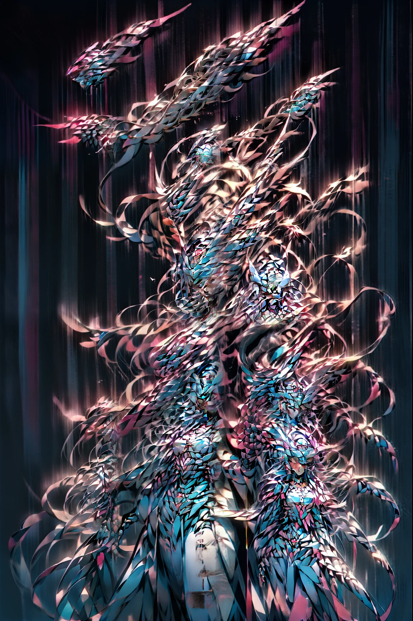 (Highest quality:1.2),One man,alone,Are standing_Split,whole body, Photo of a Japanese man in his 20s made of shiny white and silver translucent glass and plastic,Muscular and shirtless, Silver metal interior, Dynamic pose, Flow organic structure, A sparkling golden circuit, colorful Neon decoration, Ball of Light, Illumination, Illumination回路, Neon decoration, Depth of Field Focus F/2.8, H&#39;art.right. liver, Greg rightutowski