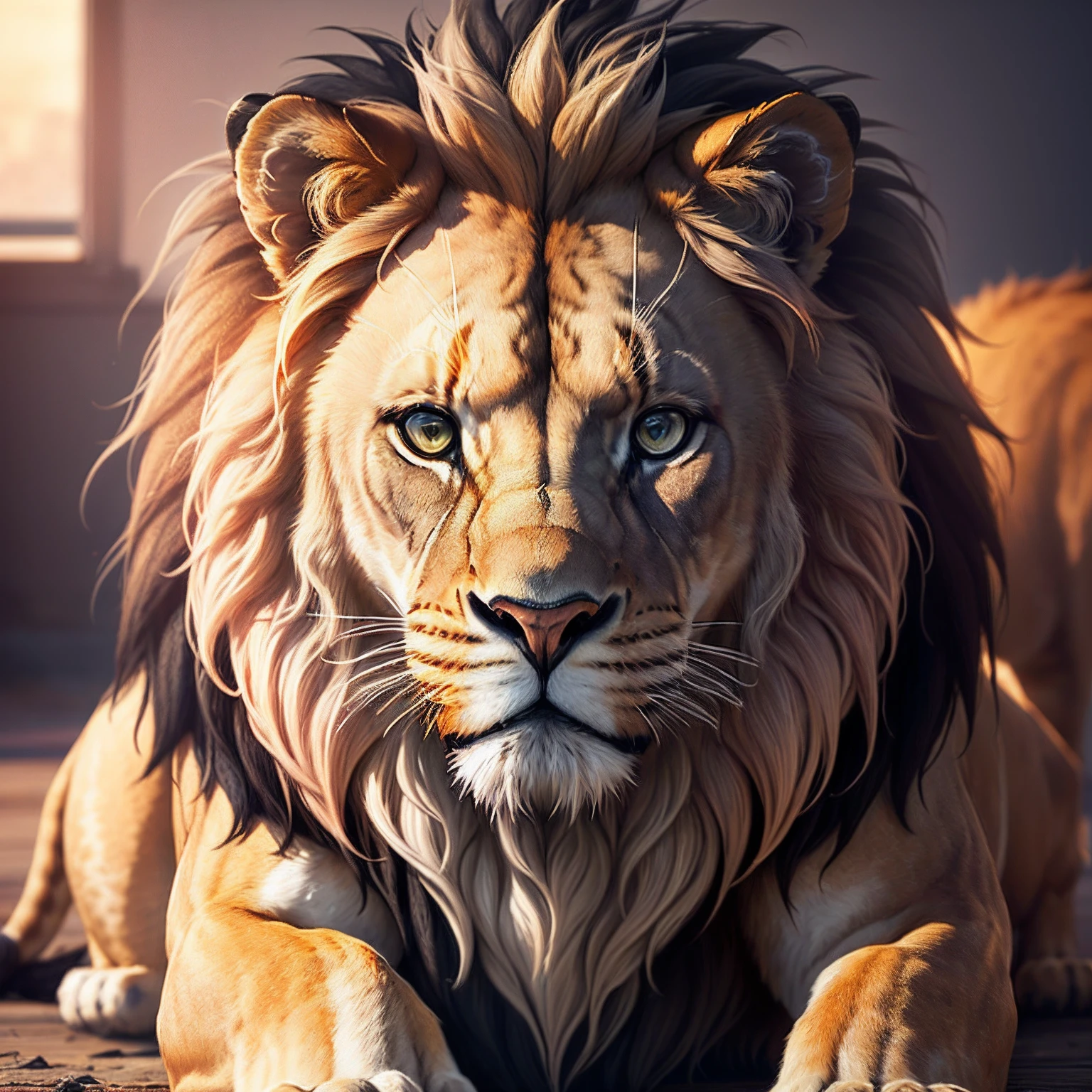 a beautiful and fearless lion with a beautiful mane in super realistic 8K 3D. Size 1344X768