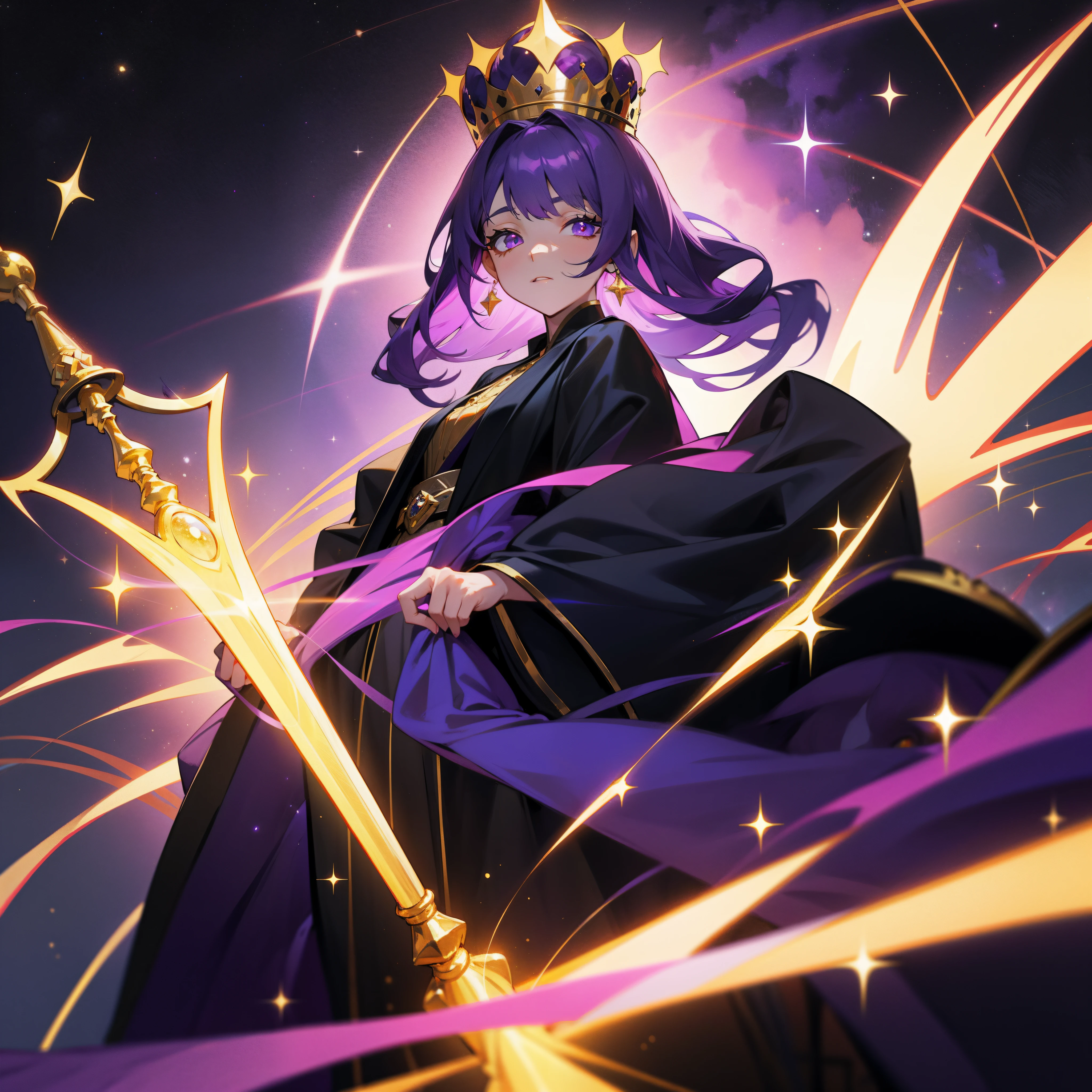 Purple colored hair,Middle-aged woman,queen,Golden crown,Purple staff,Golden eyes,Black robes,4K,Tyndall effect,The background is a starry sky