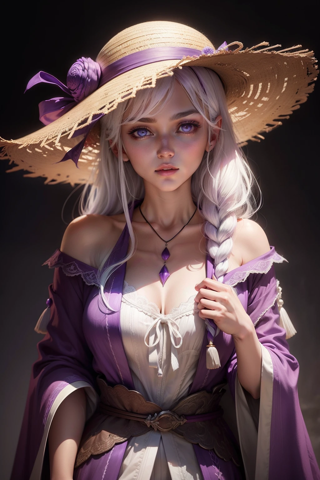 White hair,Purple robe,Purple pupils,Straw Hat Hat,Dark background