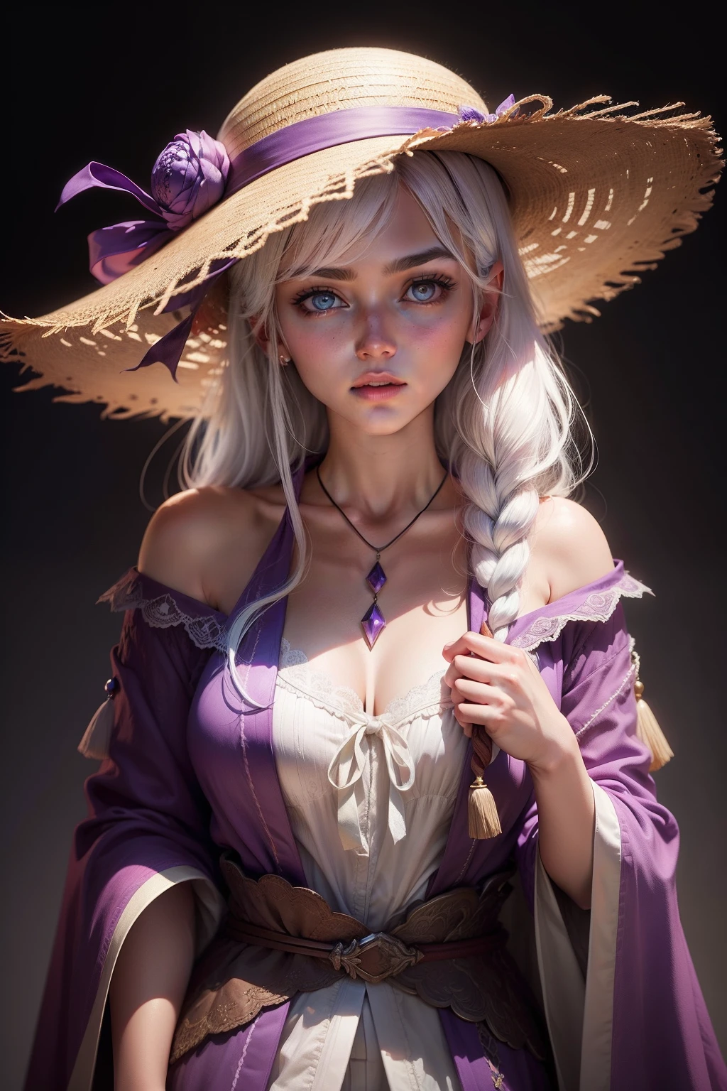 White hair,Purple robe,Purple pupils,Straw Hat Hat,Dark background