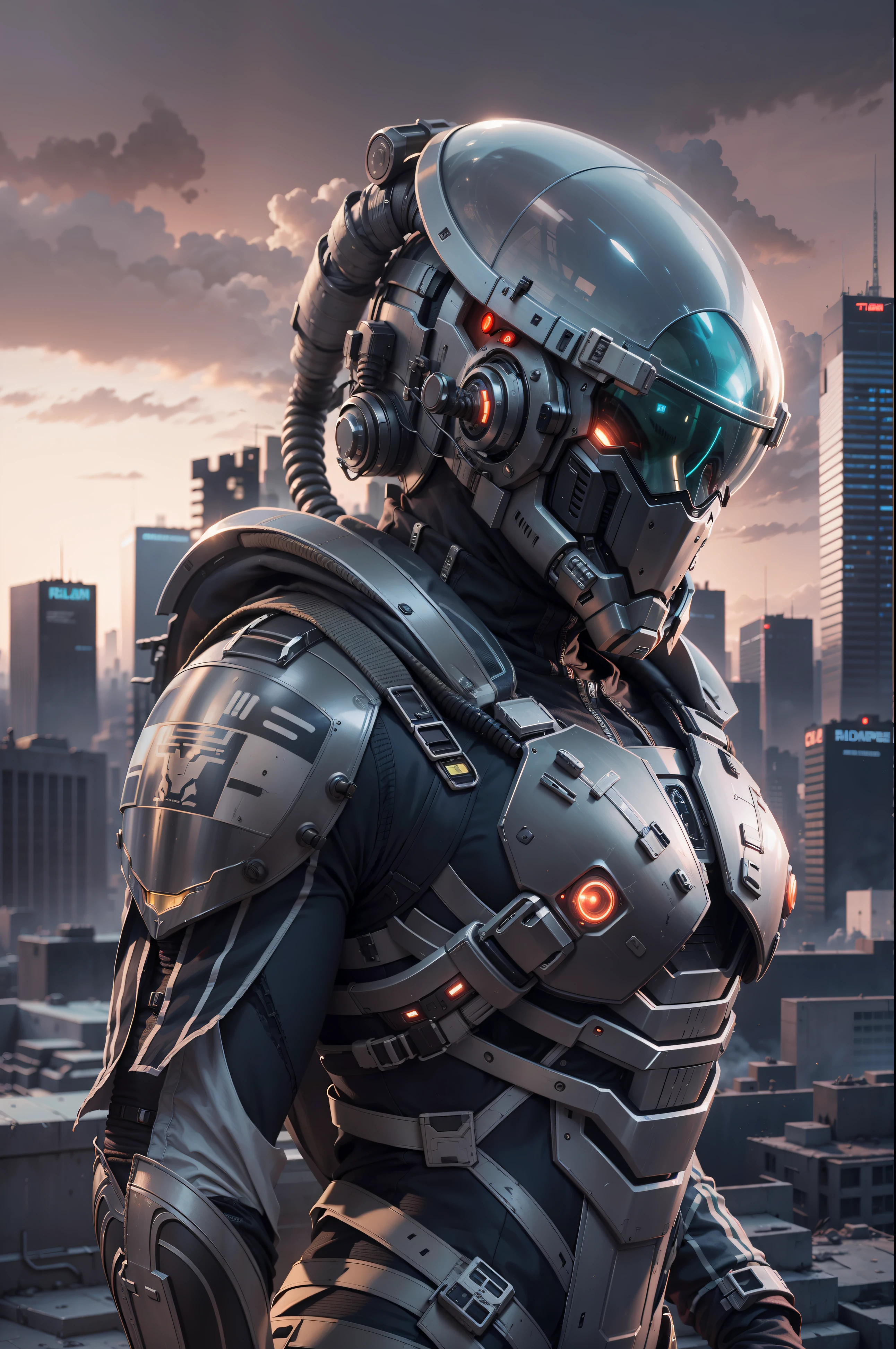 A highly technological and advanced alien soldier in an apocalyptic city