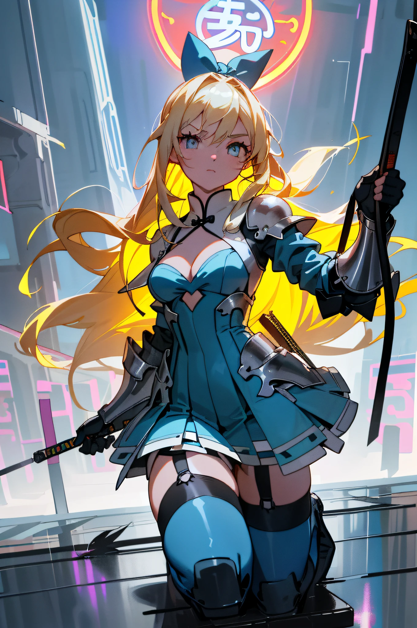 Masterpiece, Best Quality, ((Black Garter Belt)), Blue Bow, (((Blue Dress)), (cleavage)), (( Big Beautiful Breasts)), ( Armoured Dress), Shoulder Armor, Gauntlets, Armor Legwear, Combat Stance, Blonde Long Hair, Blue Sky, White Clouds, Late Night Crowd, Stereoscopic Lighting, Photorealistic, Daytime, Autumn, Clear, Sharp Focus, Ultra High Definition, 4 0 0 0 0k, (( In the hustle and bustle of New York)), (Leaving the whole body to take a bird's-eye view)), In a crowd of people, (((Dynamic movement)))), (Heavy rain)), ((Blue bra visible)), holding a longsword, ((Full body shot photo)), (Lights shining overhead), Anime, (Sexy)))), ((Big eyes)), Delicately written landscape, (Jump wide)))), ((( Jumping to another tower))), (perplexed), ((looking here)), ((flashy neon signs illuminate the surroundings)), suspicious people going, dirty alleys, ((((Precisely written beautiful face)))), detailed description, masterpiece, top quality, (masterpiece: 1.3) , (whole body: 1.4), 4k, detailed eyes,(((Colorful big eyes)), double eyelids, long lashes, beautiful face, embarrassing, ((neon sign with characters similar to Chinese characters)), moon floating in the distance, terrible creatures howling, ((flames burning in the distance)), nebulae,