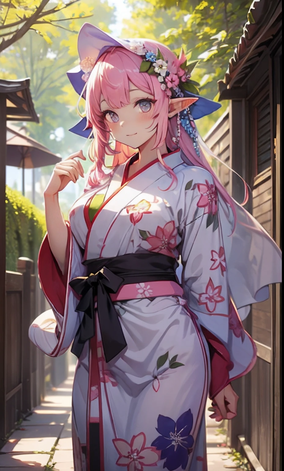 best qualityer，tmasterpiece，Ultimate resolution，downy，Extremely colorful，Colorful，western regions，elf girl, Dancer，pink hairbl，happy,  flower design yukata costumes，flowers in hair, veils，Normal posture