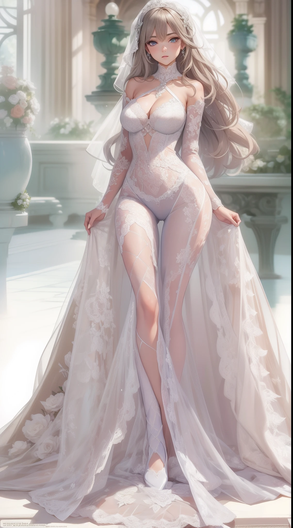 ((Masterpiece, Highest quality)), Detailed face, CharacterDesignSheet， full bodyesbian, Full of details, Multiple poses and expressions, Highly detailed, Depth, Many parts，beuaty girl，lacepantyhose, wedding gown，High Balance, Natural light