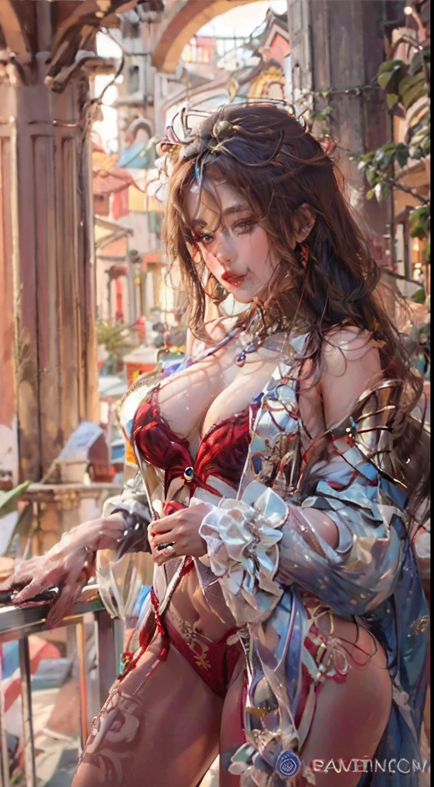 Ultra realistic 8K CG, Picture-perfect face, flawless, clean, masutepiece, Professional artwork, famousartwork, Cinematic lighting, Cinematic bloom, Perfect face,(年轻:1.2)(Voluptuous),((20yr old)), Beautiful face, Beautiful eyes,(:1.1), (((Perfect female body, Narrow waist))), young princess, royal, divine, Goddess, godlike, (the royal palace), Fantasy, Dreams, Unreal, Science fiction, (Normal breasts:1.2), Beautiful clothes, Lace, Lace trim, Lace-trimmed legwear, NSFW,, absurdly long hair, Very long hair, (Rich:1.4), Necklace, earrings, Bracelet, armlet, Looking at Viewer,(thong:1), (There are up to 5 fingers on the hand), (Red Lip), shenhe \(GenshinImpact\)