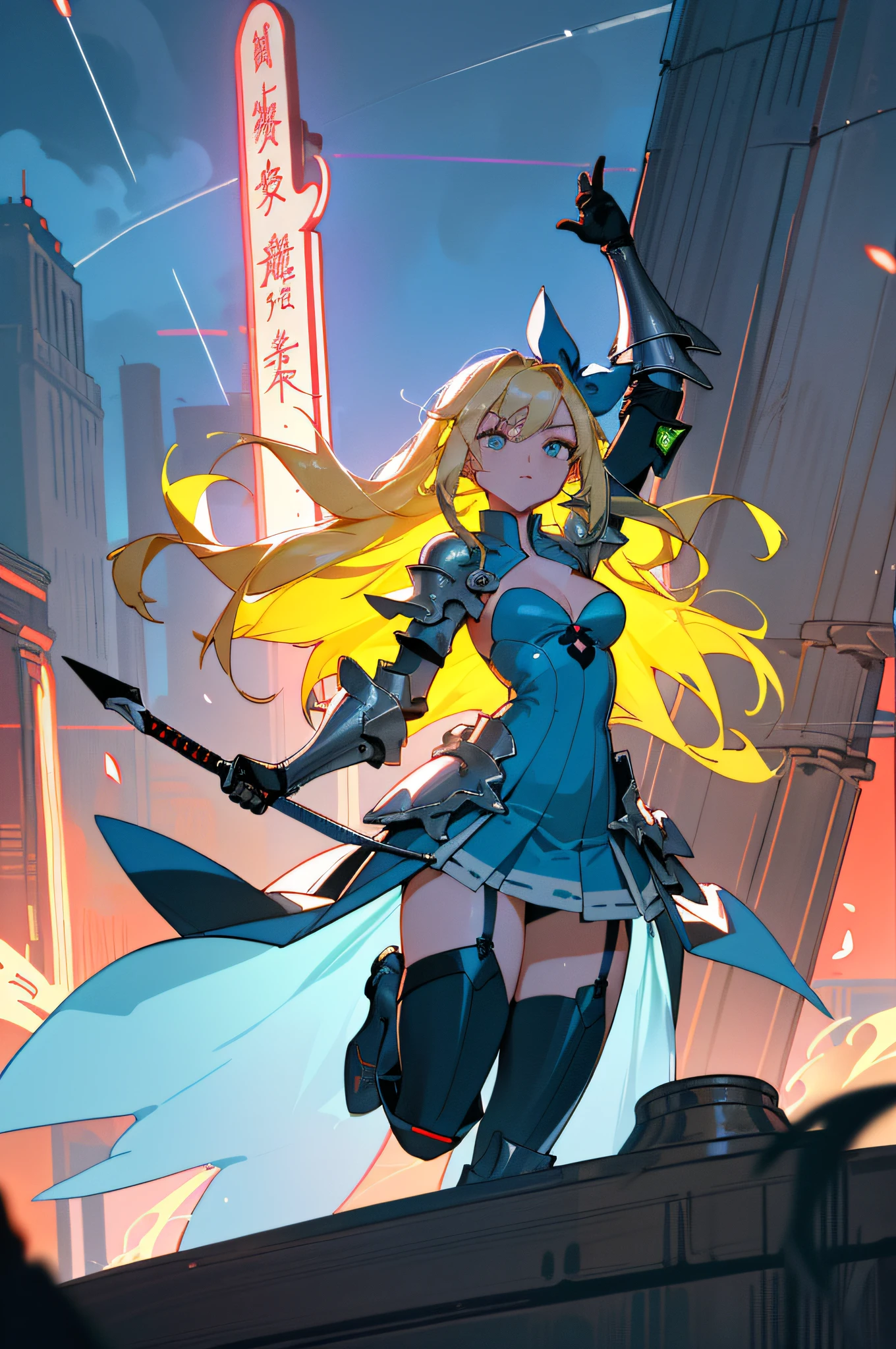 Masterpiece, Best Quality, ((Black Garter Belt)), Blue Bow, (((Blue Dress)), (cleavage)), (( Big Beautiful Breasts)), ( Armoured Dress), Shoulder Armor, Gauntlets, Armor Legwear, Combat Stance, Blonde Long Hair, Blue Sky, White Clouds, Late Night Crowd, Stereoscopic Lighting, Photorealistic, Daytime, Autumn, Clear, Sharp Focus, Ultra High Definition, 4 0 0 0 0k, (( In the hustle and bustle of New York)), (Leaving the whole body to take a bird's-eye view)), In a crowd of people, (((Dynamic movement)))), (Heavy rain)), ((Blue bra visible)), holding a longsword, ((Full body shot photo)), (Lights shining overhead), Anime, (Sexy)))), ((Big eyes)), Delicately written landscape, (Jump wide)))), ((( Jumping to another tower))), (perplexed), ((looking here)), ((flashy neon signs illuminate the surroundings)), suspicious people going, dirty alleys, ((((Precisely written beautiful face)))), detailed description, masterpiece, top quality, (masterpiece: 1.3) , (whole body: 1.4), 4k, detailed eyes, (((big eyes of rich color)), double eyelids, long lashes, beautiful face, embarrassing, ((neon sign with characters similar to Chinese characters)), moon floating in the distance, terrible creatures howling, ((flames burning in the distance)), nebulae, beautiful peacocks,