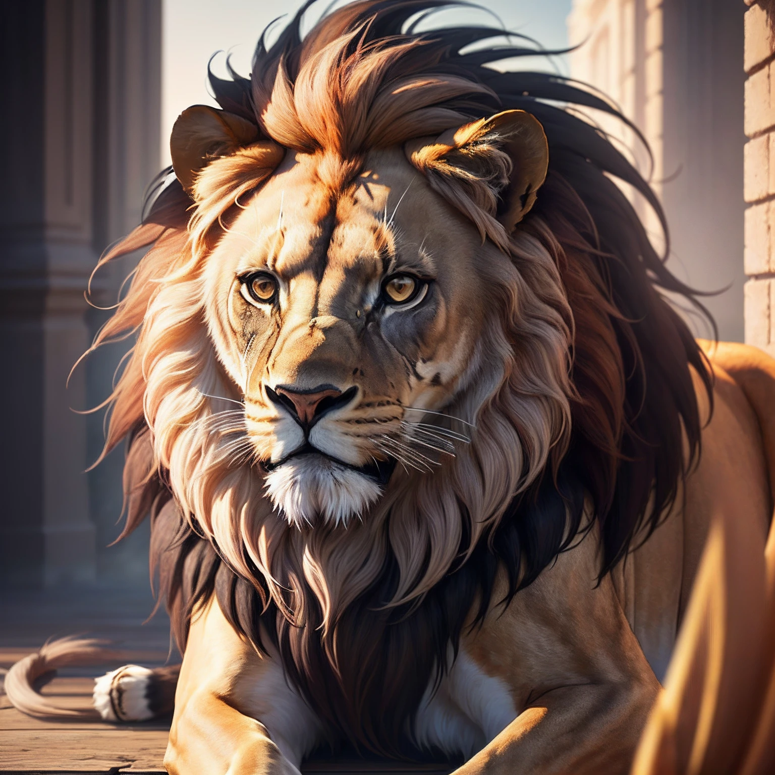 a very obese male lion with a blond mane, extremely detailed eyes, extremely big and fat belly, very very big belly, face portrait, in jockstrap, bust portrait realistic, extremely detailed, photorealistic, 4k, high quality, fine art portrait, dramatic lighting, vivid colors, correct eyes, and anatomy, garden exotique