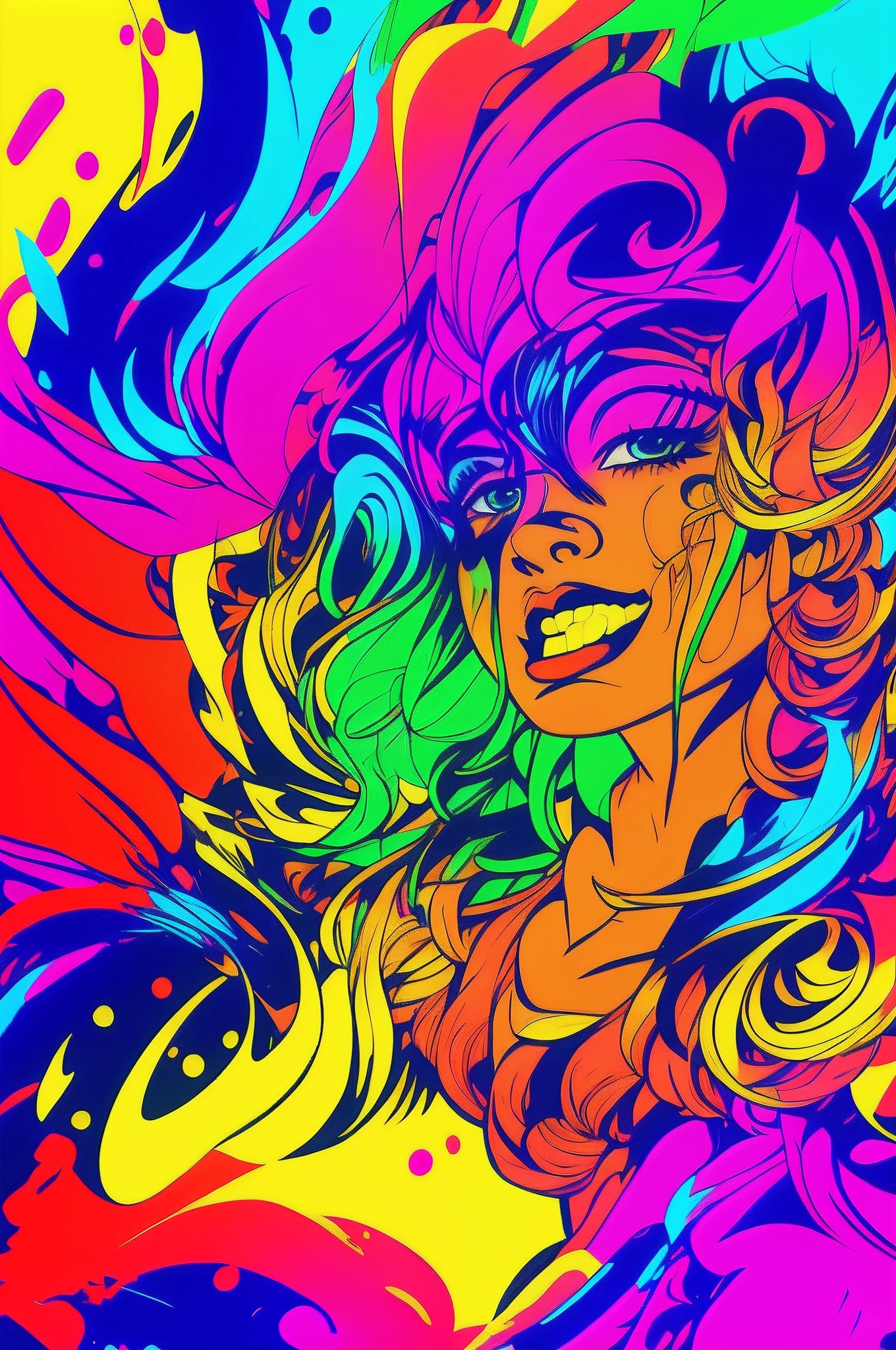 um close up de uma pintura colorida de uma mulher com cabelos longos, arte vetorial multicolorida, psychedelic flowing hair, vivid colorful comic style, full-colour illustration, psychedelic art style, arte digital. quadrinhos coloridos, bright psychedelic color, vivid colorful comics style, full-colour illustration, psychedelic illustration, colorful and psychedelic, Jen Bartel, psychedelic digital art, arte digital colorida