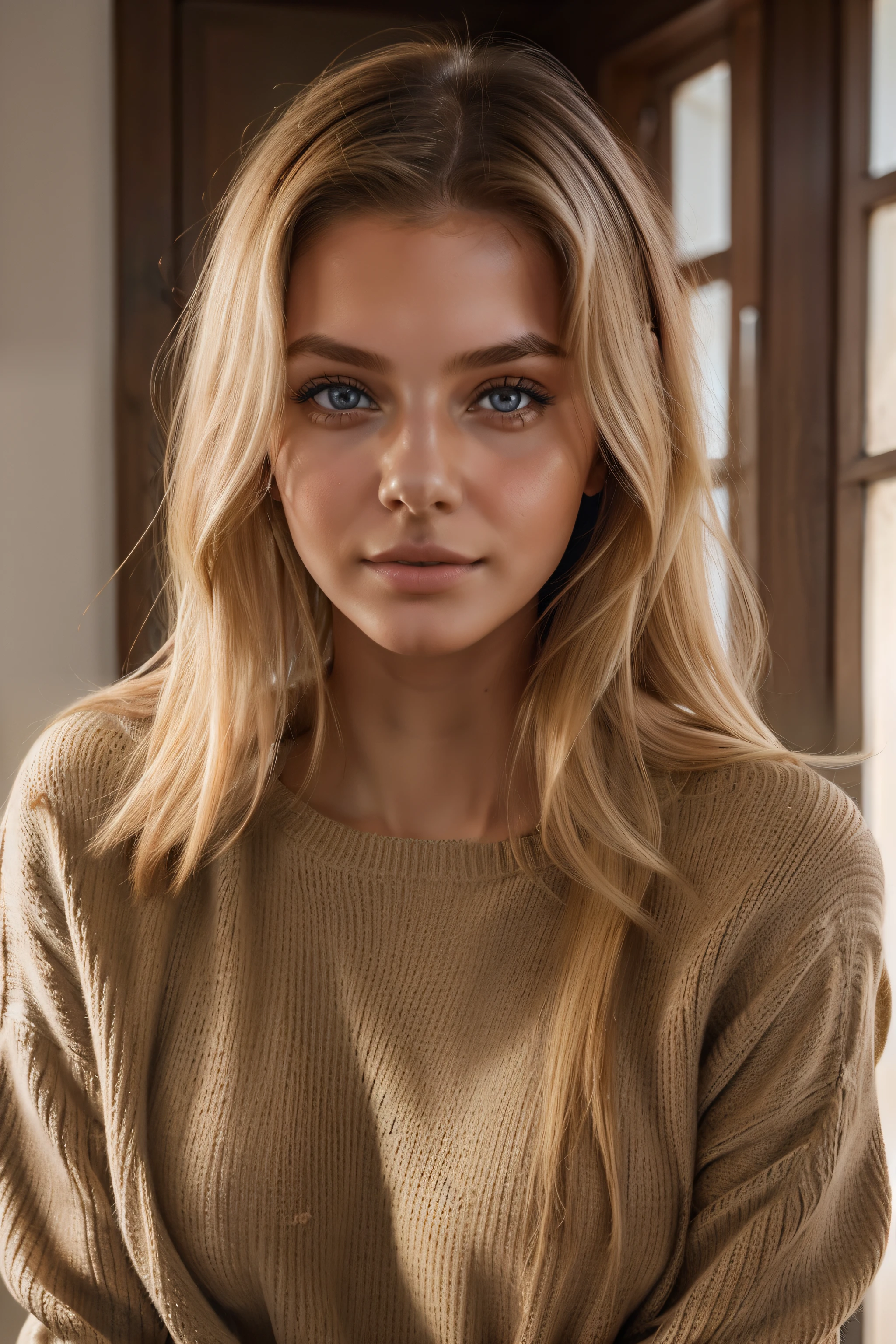 1Girl 18 years old, nur, Lange Haare, midsize boobs, Blick auf den Betrachter, blondes Haar, nackte Schultern, braune Augen, Schmuck, full entire body, Halskette, schulterfrei, pullover, lips, realistisch, Nase, Flirten mit der Kamera