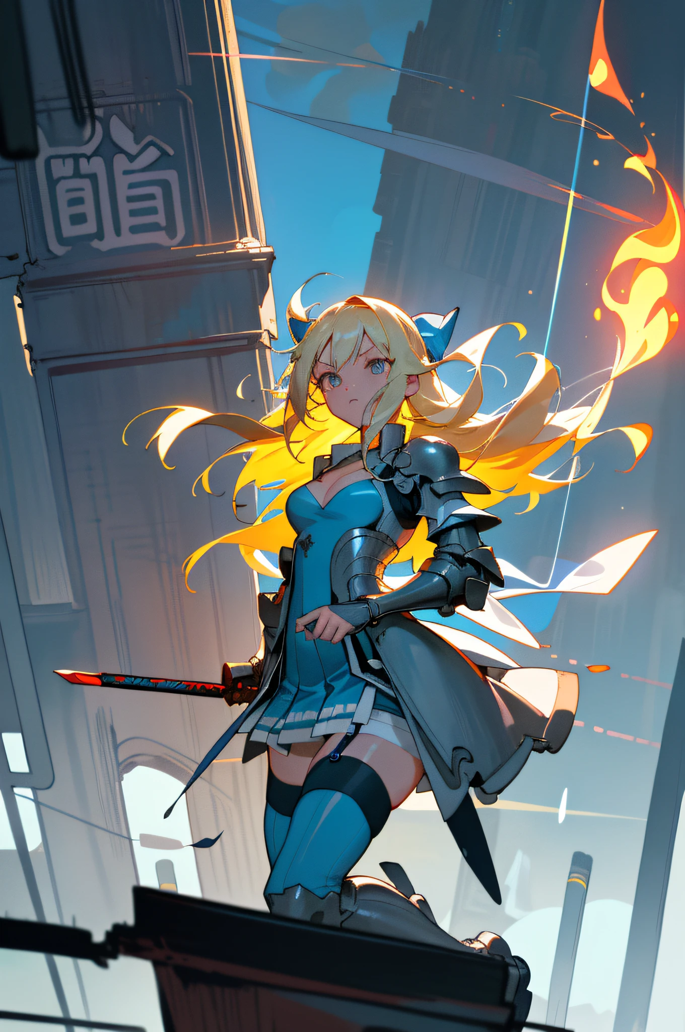 Masterpiece, Best Quality, ((Black Garter Belt)), Blue Bow, (((Blue Dress)), (cleavage)), (( Big Beautiful Breasts)), ( Armoured Dress), Shoulder Armor, Gauntlets, Armor Legwear, Combat Stance, Blonde Long Hair, Blue Sky, White Clouds, Late Night Crowd, Stereoscopic Lighting, Photorealistic, Daytime, Autumn, Clear, Sharp Focus, Ultra High Definition, 4 0 0 0 0k, (( In the hustle and bustle of New York)), (Leaving the whole body to take a bird's-eye view)), In a crowd of people, (((Dynamic movement)))), (Heavy rain)), ((Blue bra visible)), holding a longsword, ((Full body shot photo)), (Lights shining overhead), Anime, (Sexy)))), ((Big eyes)), Delicately written landscape, (Jump wide)))), ((( Jumping to another tower))), (perplexed), ((looking here)), ((flashy neon signs illuminate the surroundings)), suspicious people going, dirty alleys, ((((Precisely written beautiful face)))), detailed description, masterpiece, top quality, (masterpiece: 1.3) , (whole body: 1.4), 4k, detailed eyes, (((large colorful eyes)), double eyelids, long lashes, beautiful face, embarrassing, ((neon sign with characters similar to Chinese characters)), moon floating in the distance, terrible creatures howling ((flames burning in the distance)), nebulae, bandit slaying,