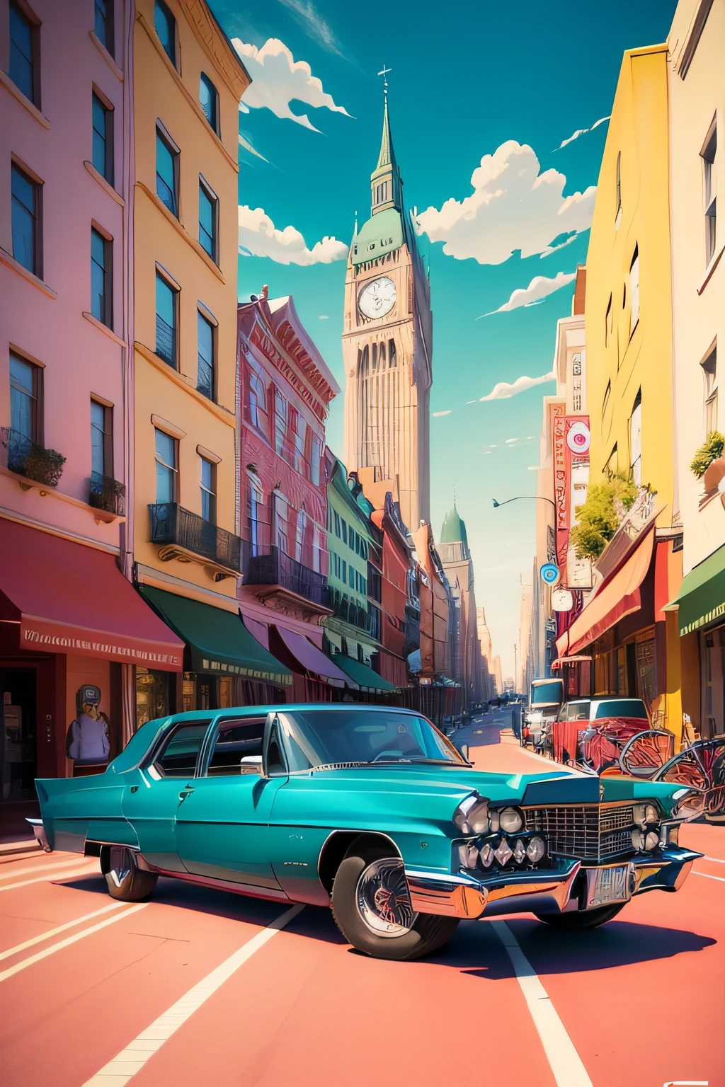 Classic Cadillac DevilZoom Out Colorful Cartoon Coloring Book Cruising Charming City Boulevard Colorful Cartoon Coloring Book Contrast Bright Color Contrast Zoom Out Zoom Out
